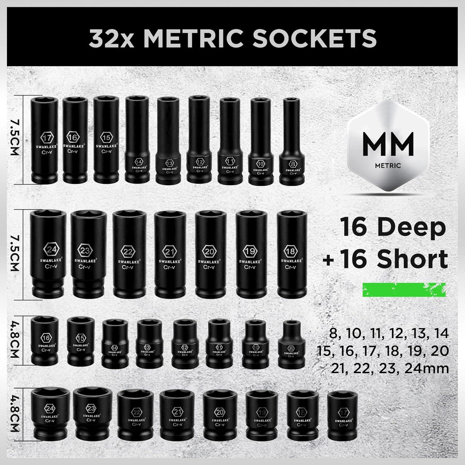 Set de Enchufes de Impacto Swanlake 1/2" 66 Piezas SAE y Métrico