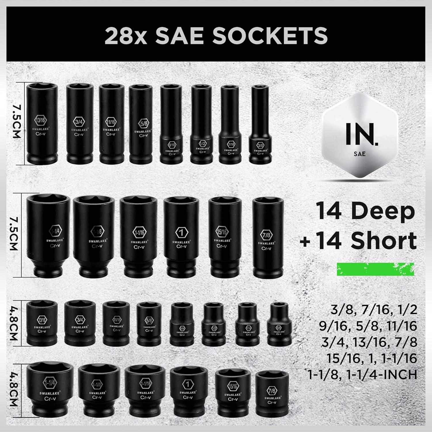 Set de Enchufes de Impacto Swanlake 1/2" 66 Piezas SAE y Métrico