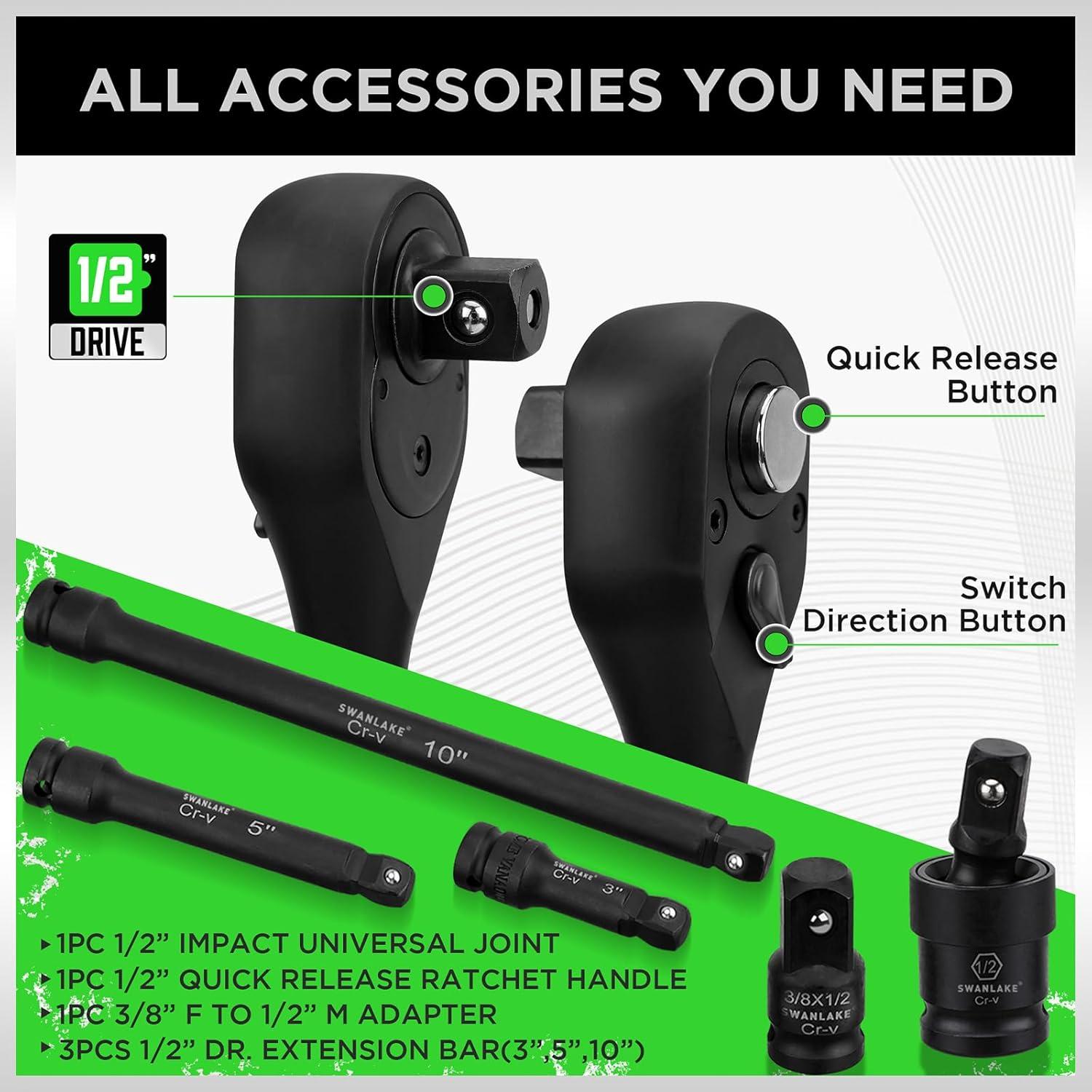 Set de Enchufes de Impacto Swanlake 1/2" 66 Piezas SAE y Métrico