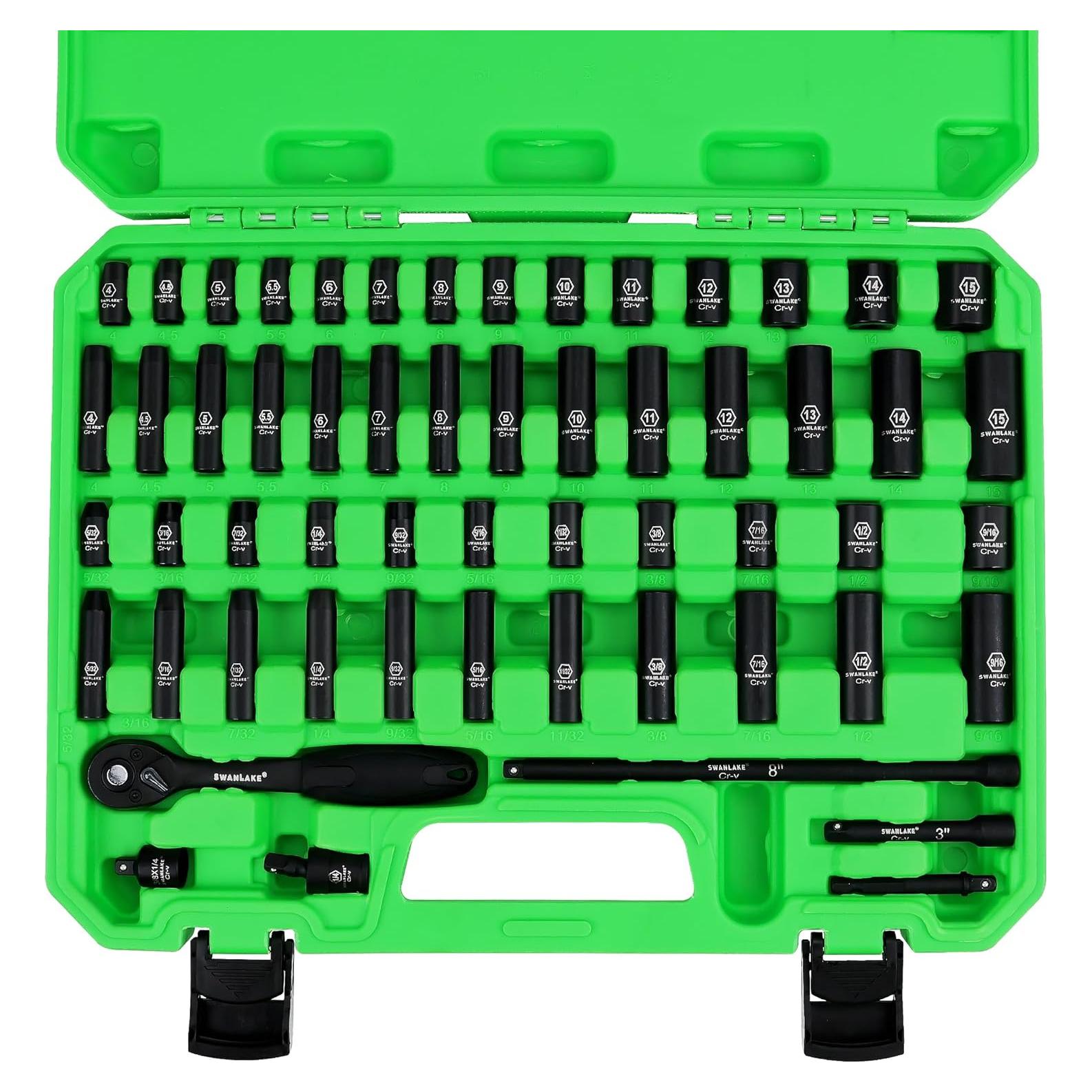 Conjunto de Enchufes de Impacto 1/4" SWANLAKE 56 Piezas SAE y Métrico