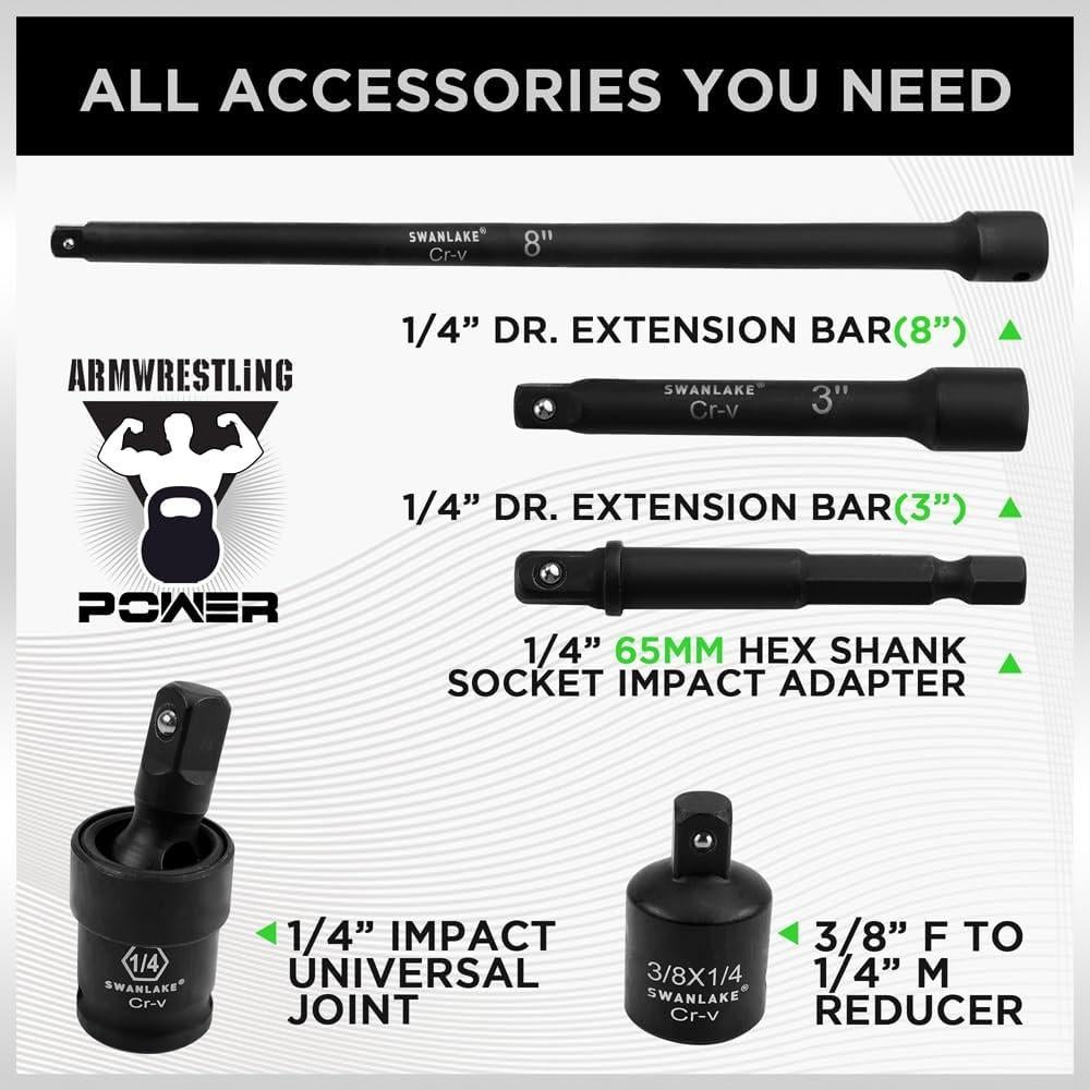 Conjunto de Enchufes de Impacto 1/4" SWANLAKE 56 Piezas SAE y Métrico