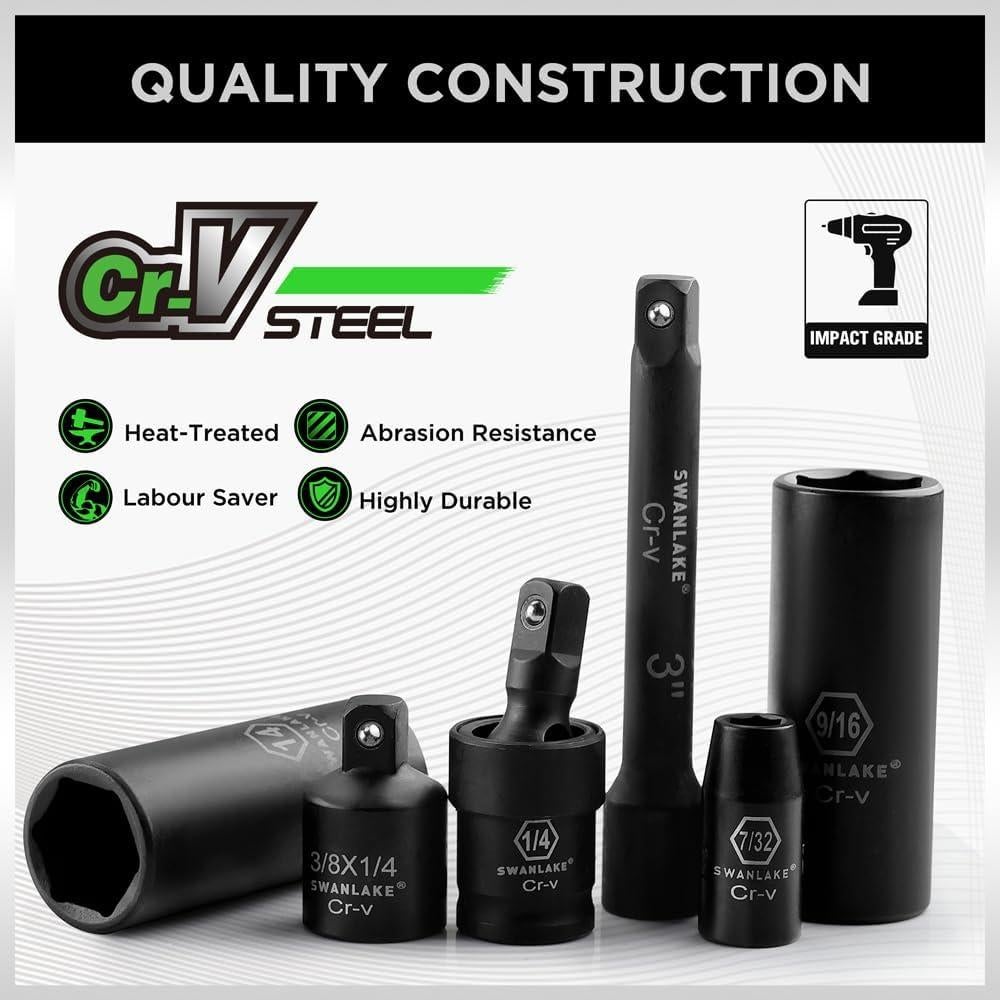 Conjunto de Enchufes de Impacto 1/4" SWANLAKE 56 Piezas SAE y Métrico