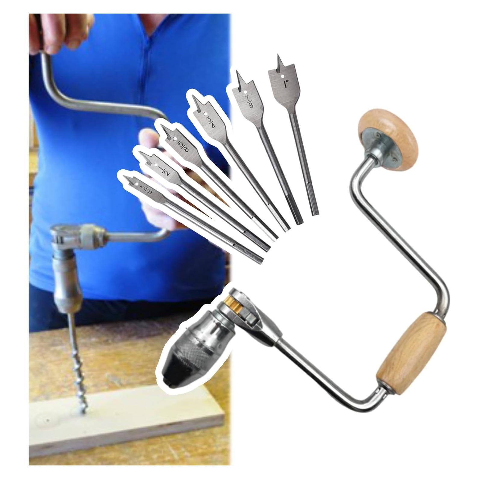 Carpenters Bit Brace Hand Crank Drill with 12-Inch Swing Arm, Steel and Plastic Construction, Comfortable Non-Slip Handle, Woodworking Tool (Wooden Handle Bit Brace + 6 Drill Bits)