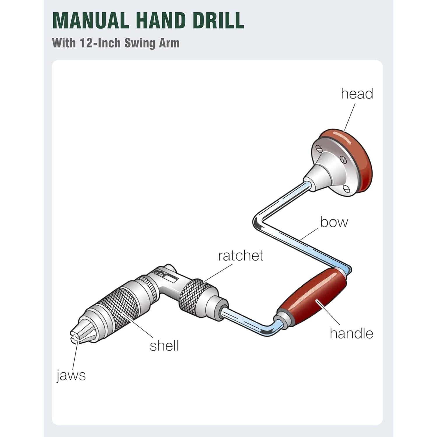 Carpenters Bit Brace Hand Crank Drill with 12-Inch Swing Arm, Steel and Plastic Construction, Comfortable Non-Slip Handle, Woodworking Tool (Wooden Handle Bit Brace + 6 Drill Bits)