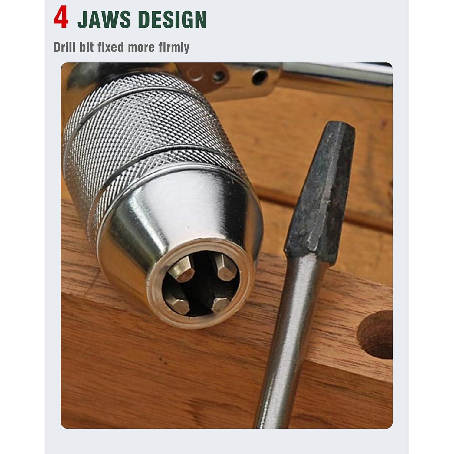 Carpenters Bit Brace Hand Crank Drill with 12-Inch Swing Arm, Steel and Plastic Construction, Comfortable Non-Slip Handle, Woodworking Tool (Wooden Handle Bit Brace + 6 Drill Bits)