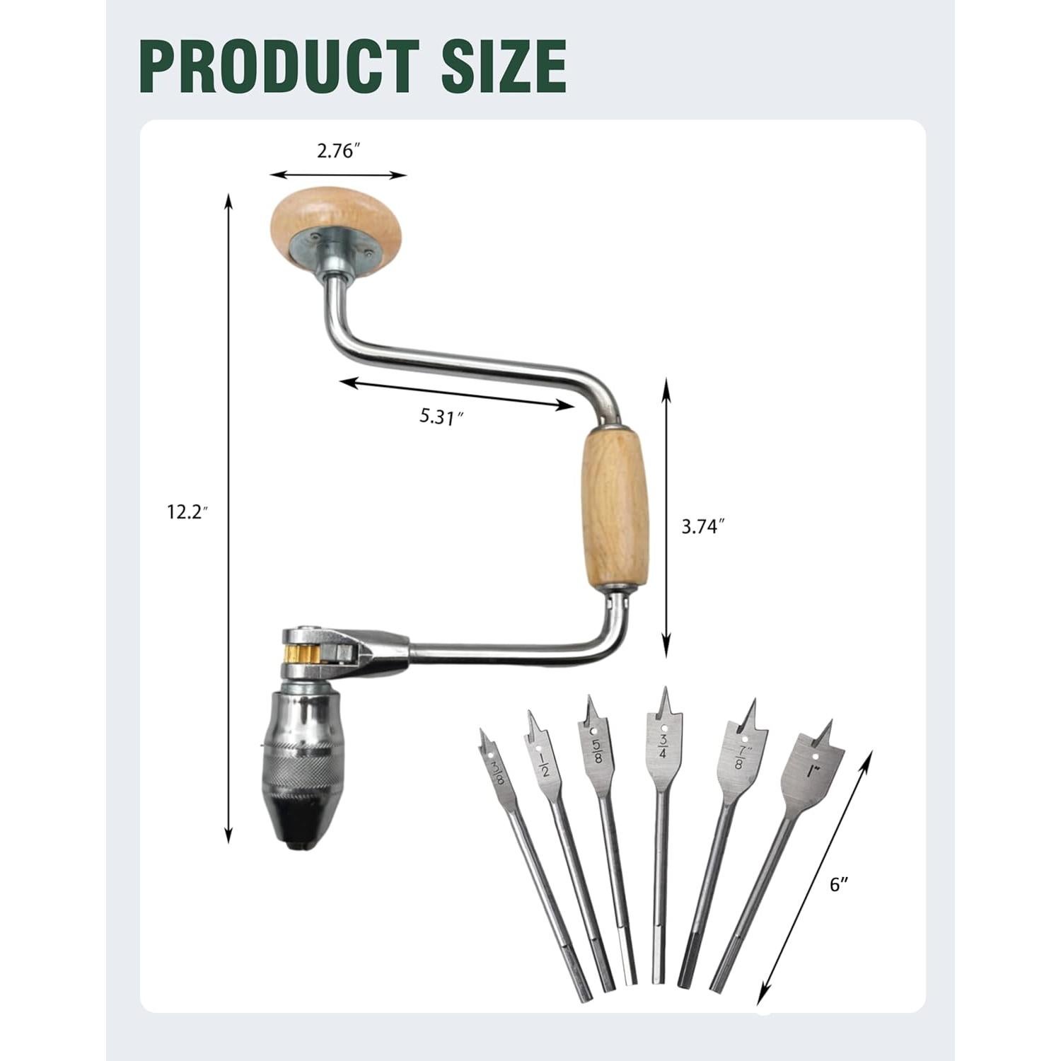 Carpenters Bit Brace Hand Crank Drill with 12-Inch Swing Arm, Steel and Plastic Construction, Comfortable Non-Slip Handle, Woodworking Tool (Wooden Handle Bit Brace + 6 Drill Bits)
