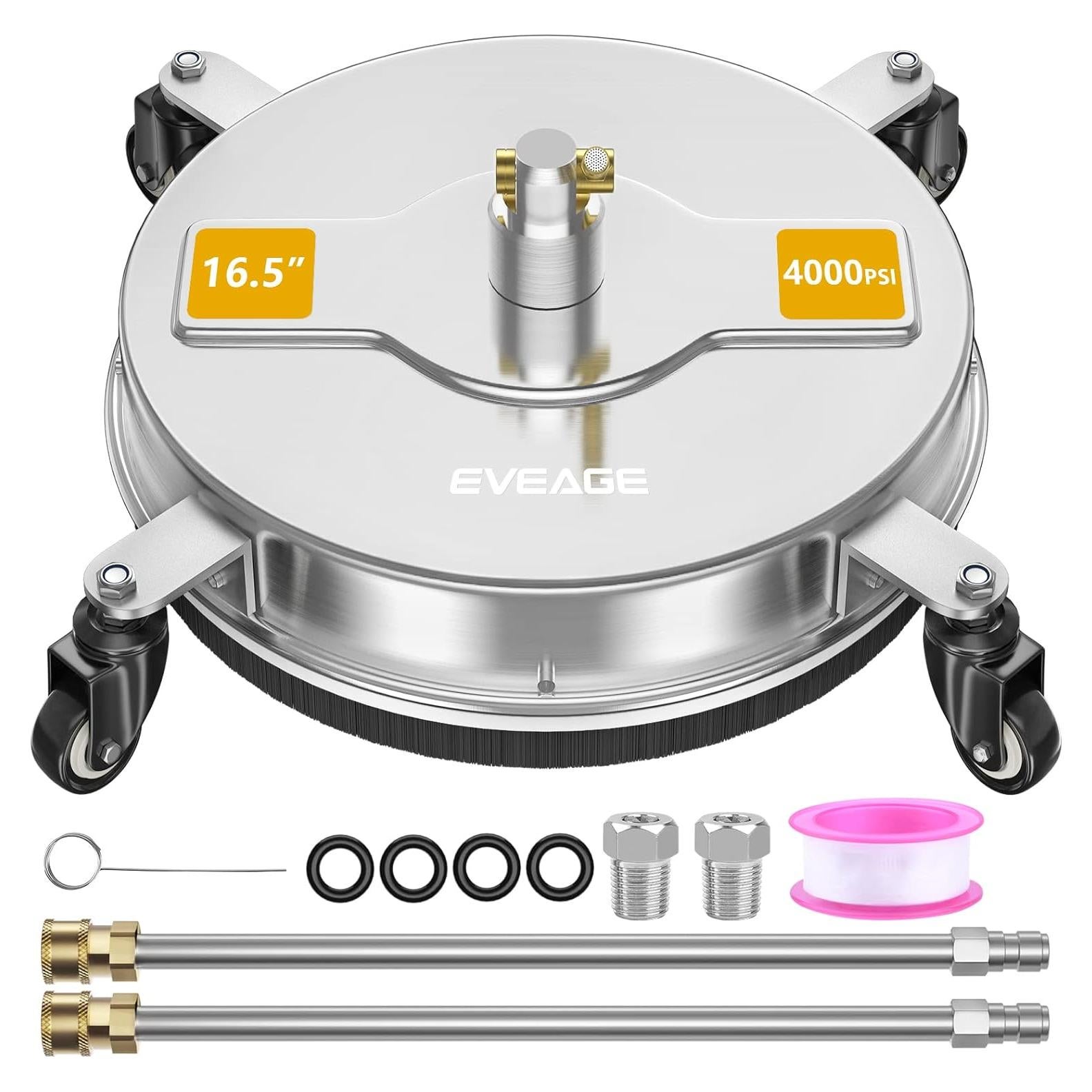 EVEAGE 16.5'' Pressure Washer Surface Cleaner, Power Washer Surface Cleaner with 2 Extension Wand, Stainless Steel Housing Power Washer Accessories with 2 Replacement Nozzles, 4000 PSI,EP001