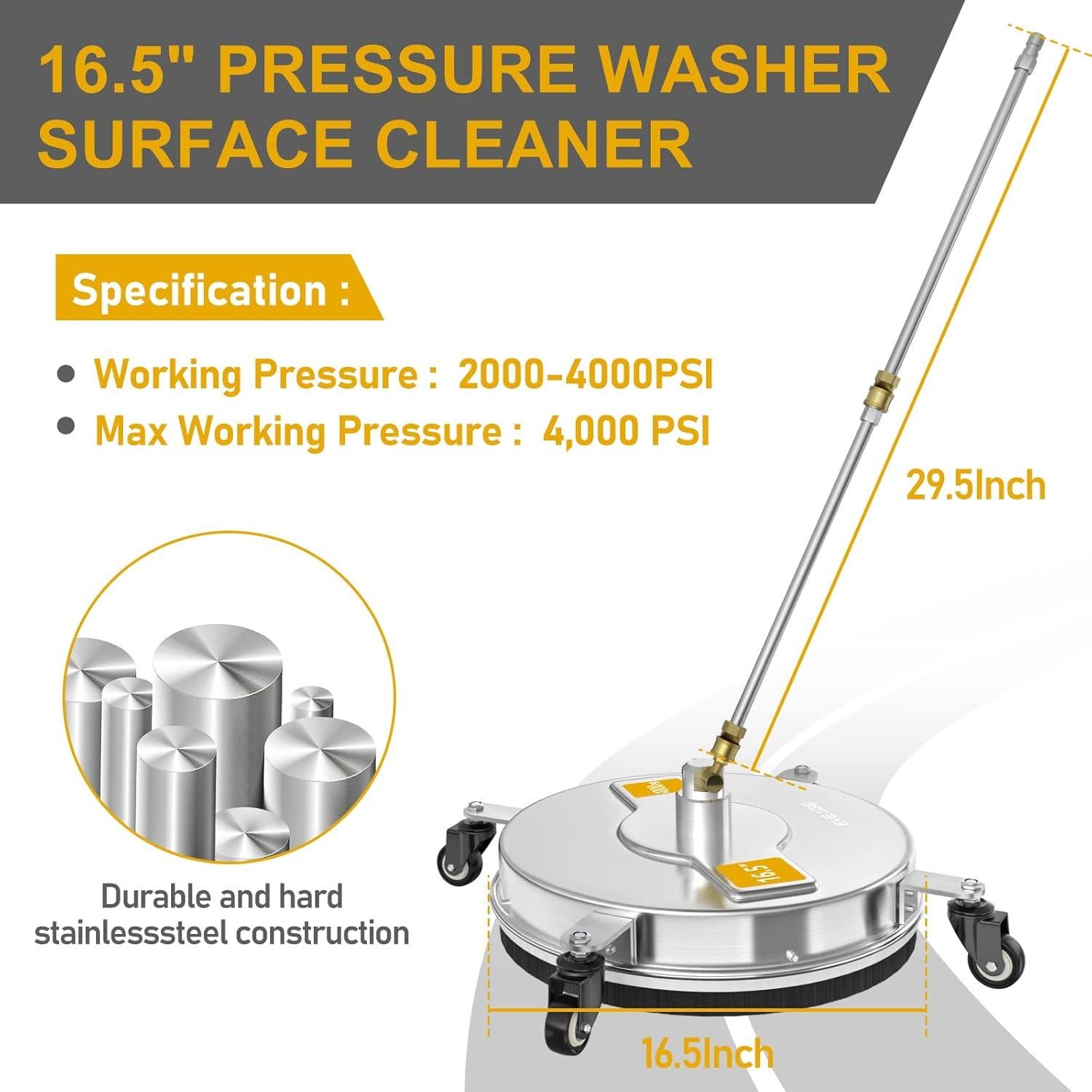 EVEAGE 16.5'' Pressure Washer Surface Cleaner, Power Washer Surface Cleaner with 2 Extension Wand, Stainless Steel Housing Power Washer Accessories with 2 Replacement Nozzles, 4000 PSI,EP001