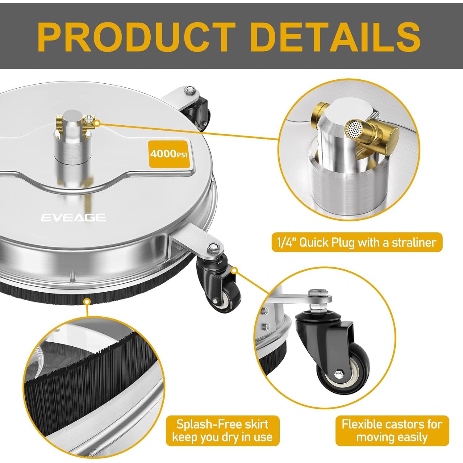 EVEAGE 16.5'' Pressure Washer Surface Cleaner, Power Washer Surface Cleaner with 2 Extension Wand, Stainless Steel Housing Power Washer Accessories with 2 Replacement Nozzles, 4000 PSI,EP001