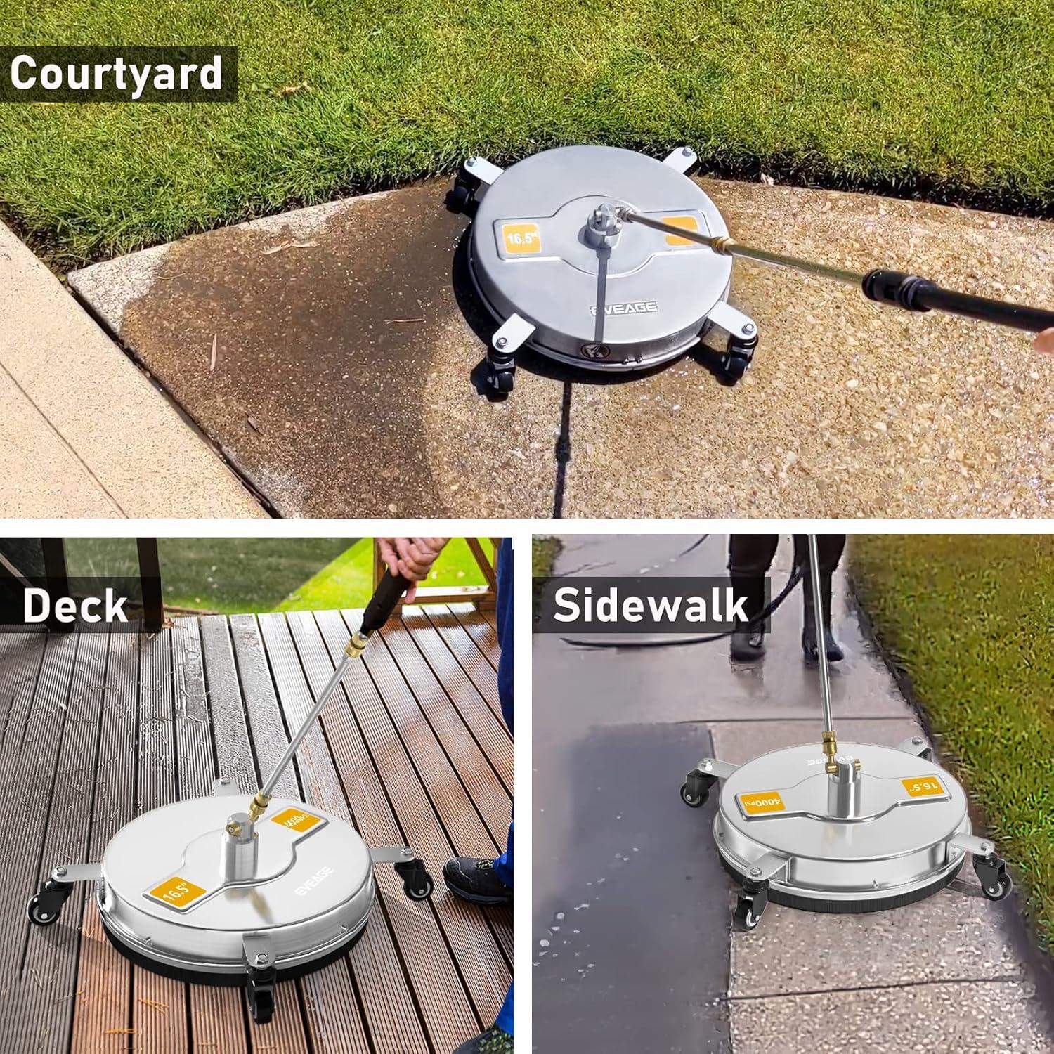 EVEAGE 16.5'' Pressure Washer Surface Cleaner, Power Washer Surface Cleaner with 2 Extension Wand, Stainless Steel Housing Power Washer Accessories with 2 Replacement Nozzles, 4000 PSI,EP001