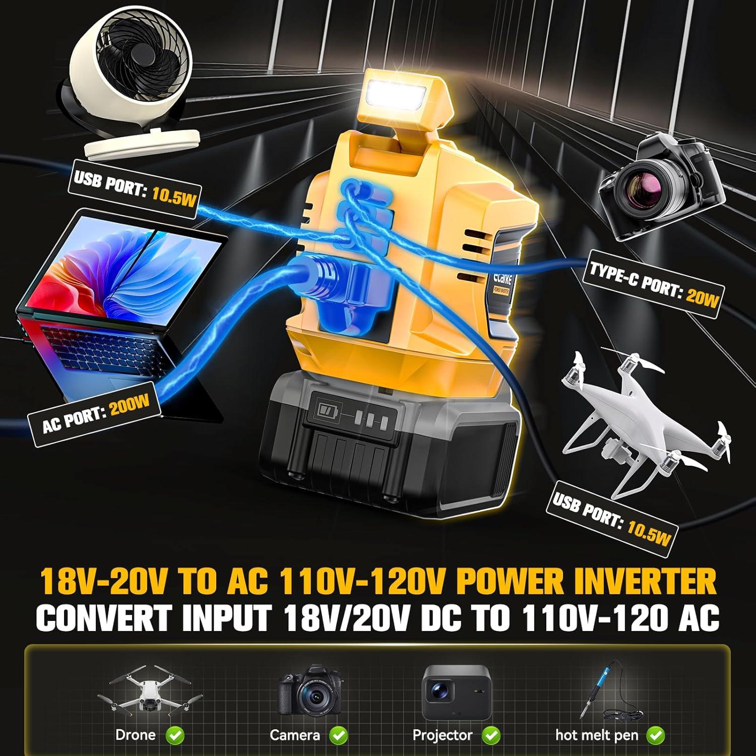 Inversor de Potencia 200W Ecarke para Baterías DeWalt 20V