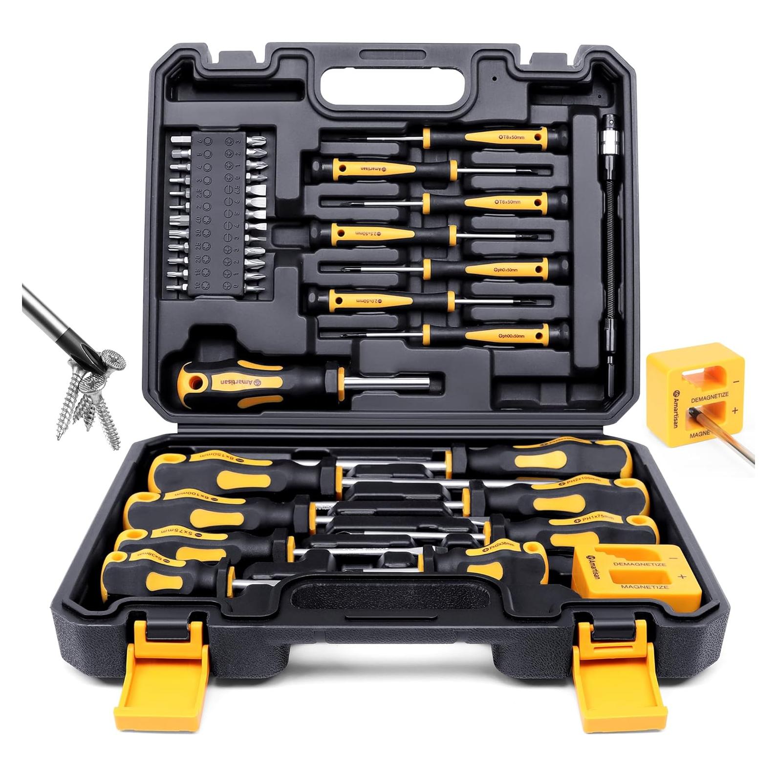 Magnetic Screwdrivers Set with Case, Amartisan 43-piece Includs Slotted, Phillips, Hex, Pozidriv,Torx and Precision Screwdriver Set, Magnetizer Demagnetizer Tools, Tools for Men