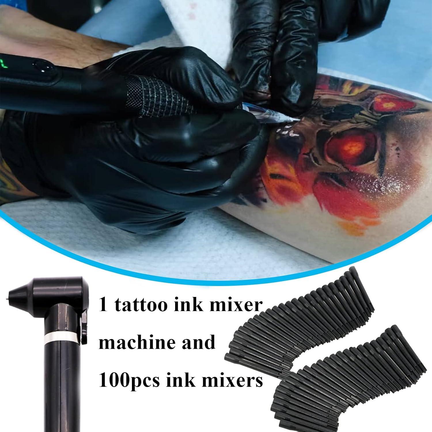 Ink Mixer Machine with 100Pcs Ink Mixing Sticks, Yugui Pigment Mixer Agitator with 100Pcs Mixing Sticks Black Electric Color Mixer Machine for Makeup Eyebrow Color Makeup