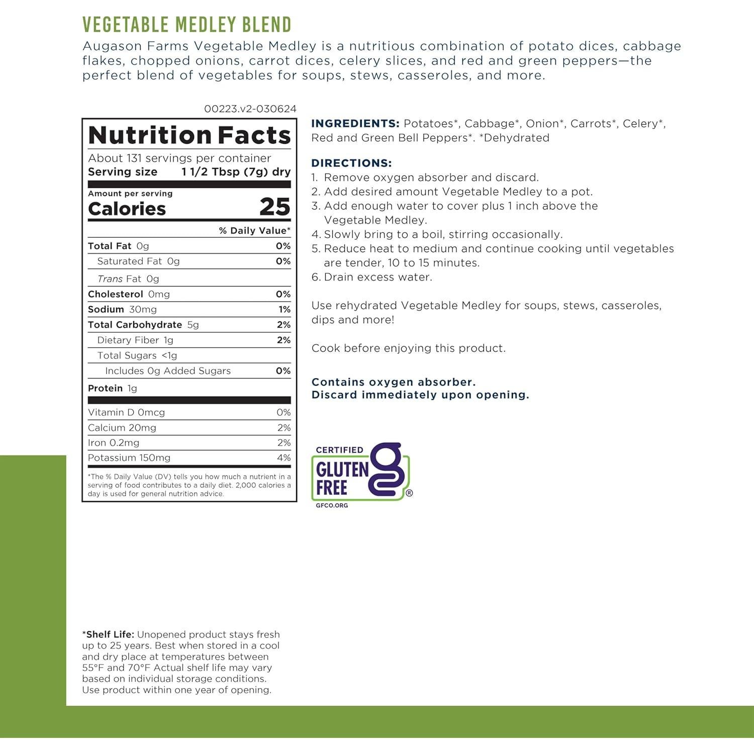Mezcla de Verduras Augason Farms 920g - Alimentos de Emergencia