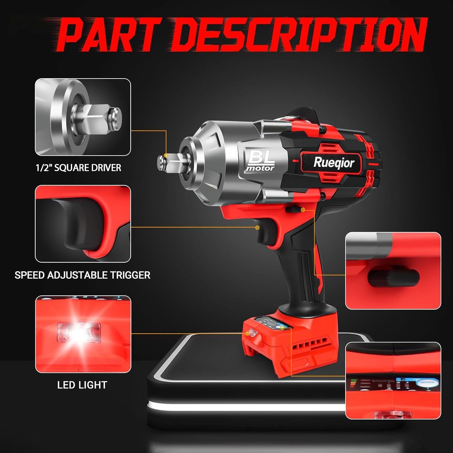 Llave de impacto inalámbrica 1/2" Rueqior 2000N.m para Milwaukee