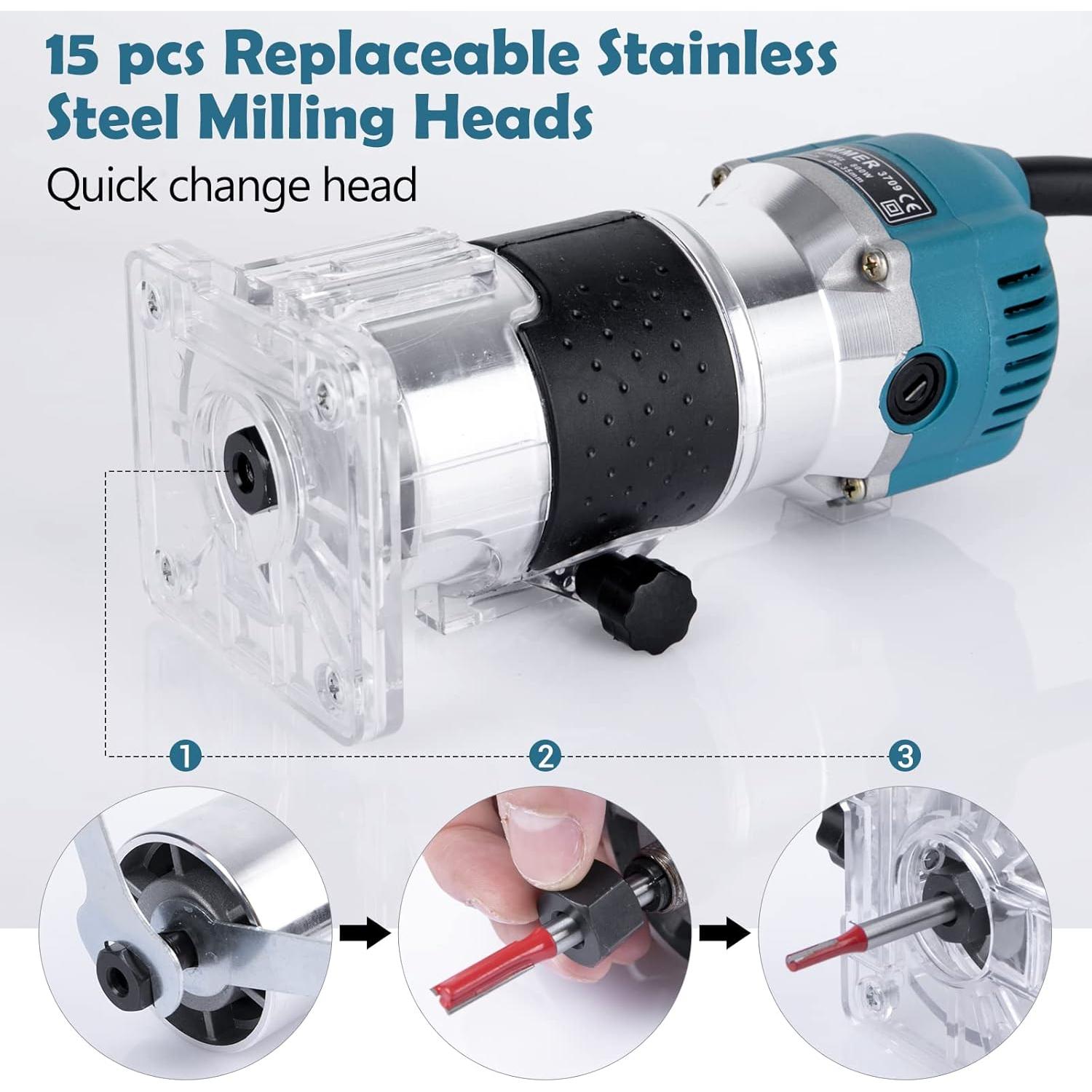 Router Eléctrico Compacto MeiMeiDa 800W con 15 Brocas