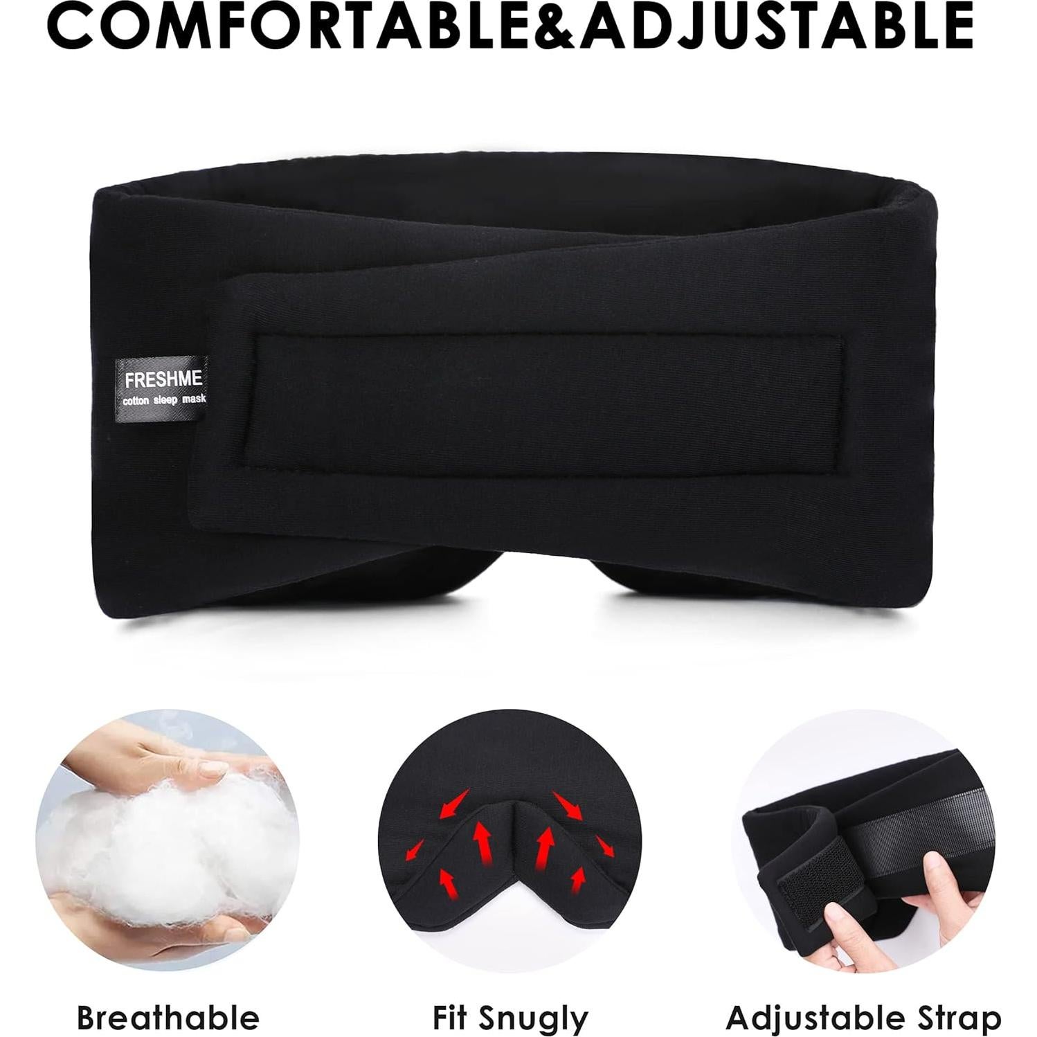 Máscara de Sueño FRESHME Algodón Negro Ajustable 23x15cm