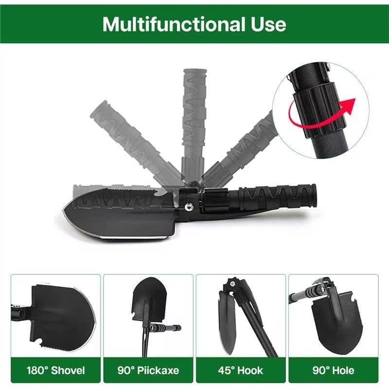 Folding Survival Shovel Multi-Tool, Heavy-Duty Military Entrenching Tool with Pickaxe, Collapsible Spade for Disaster Recovery, Car Emergency, Metal Detecting, Camping, Digging, and Gardening