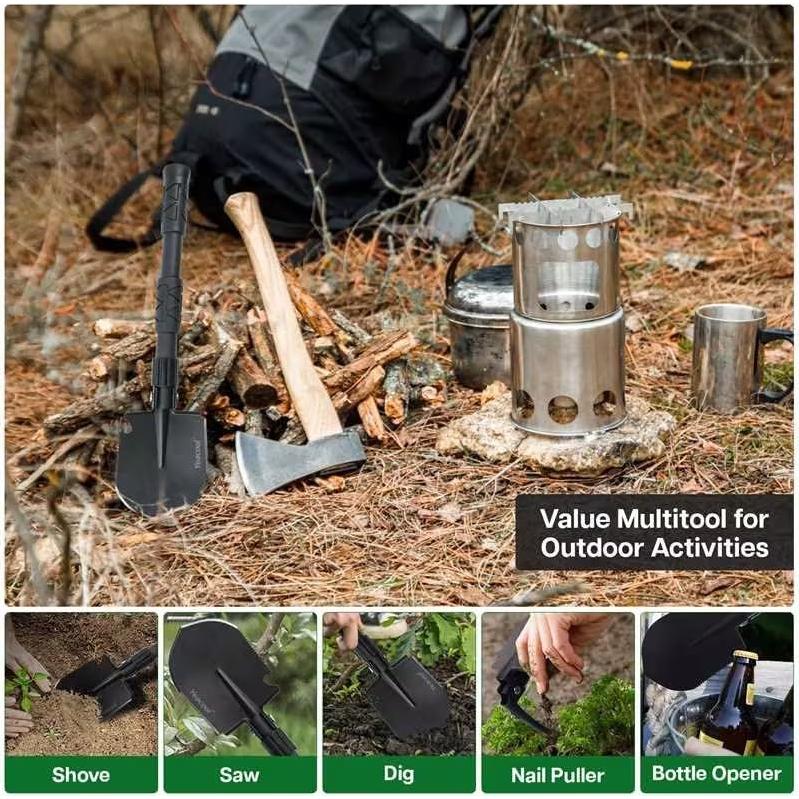 Folding Survival Shovel Multi-Tool, Heavy-Duty Military Entrenching Tool with Pickaxe, Collapsible Spade for Disaster Recovery, Car Emergency, Metal Detecting, Camping, Digging, and Gardening