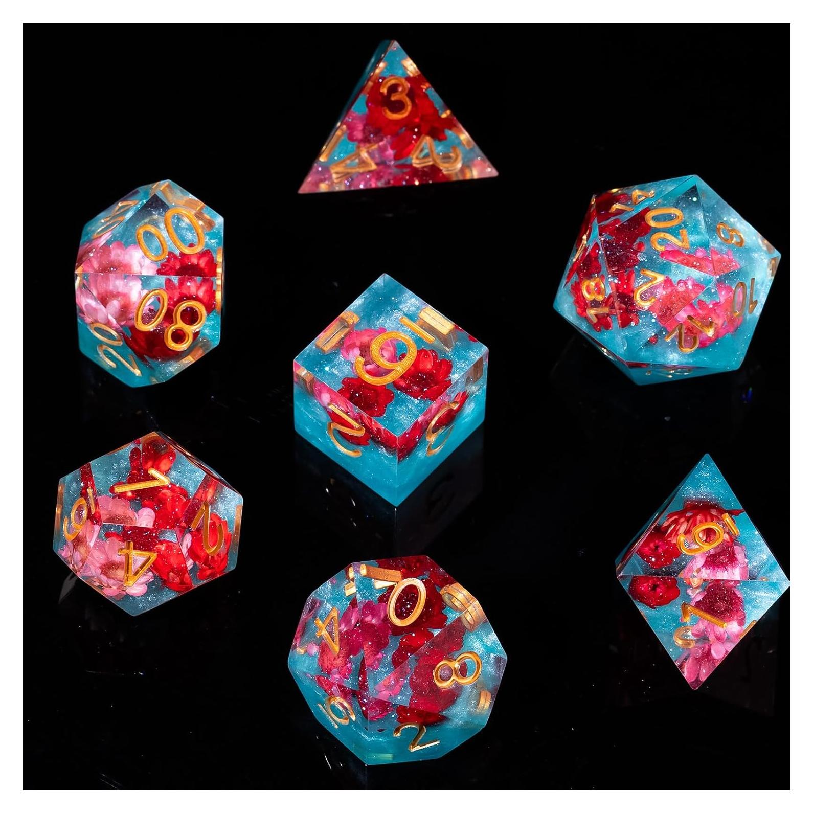 Juego de Dados Fugacity DND 7 Piezas Resina Flor Roja Azul