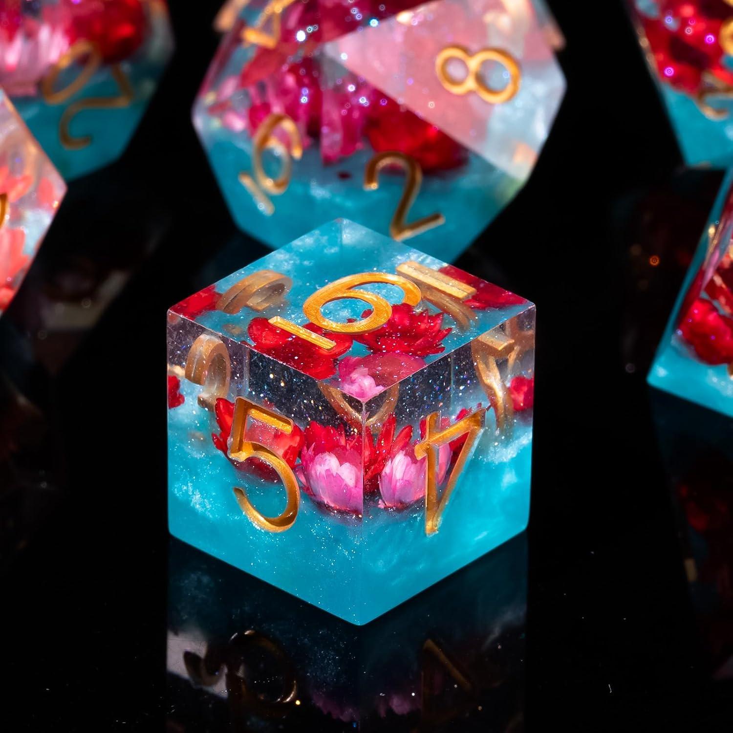 Juego de Dados Fugacity DND 7 Piezas Resina Flor Roja Azul