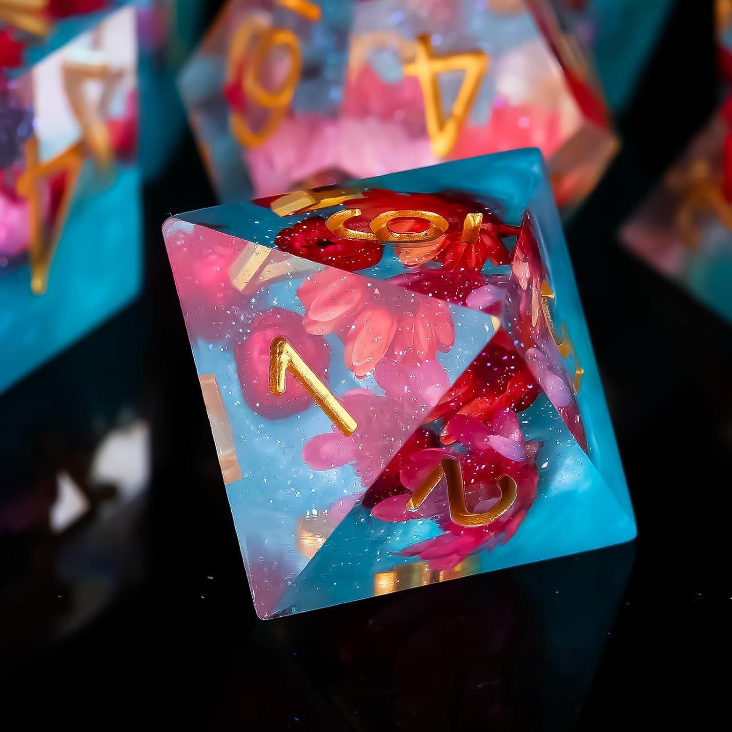 Juego de Dados Fugacity DND 7 Piezas Resina Flor Roja Azul