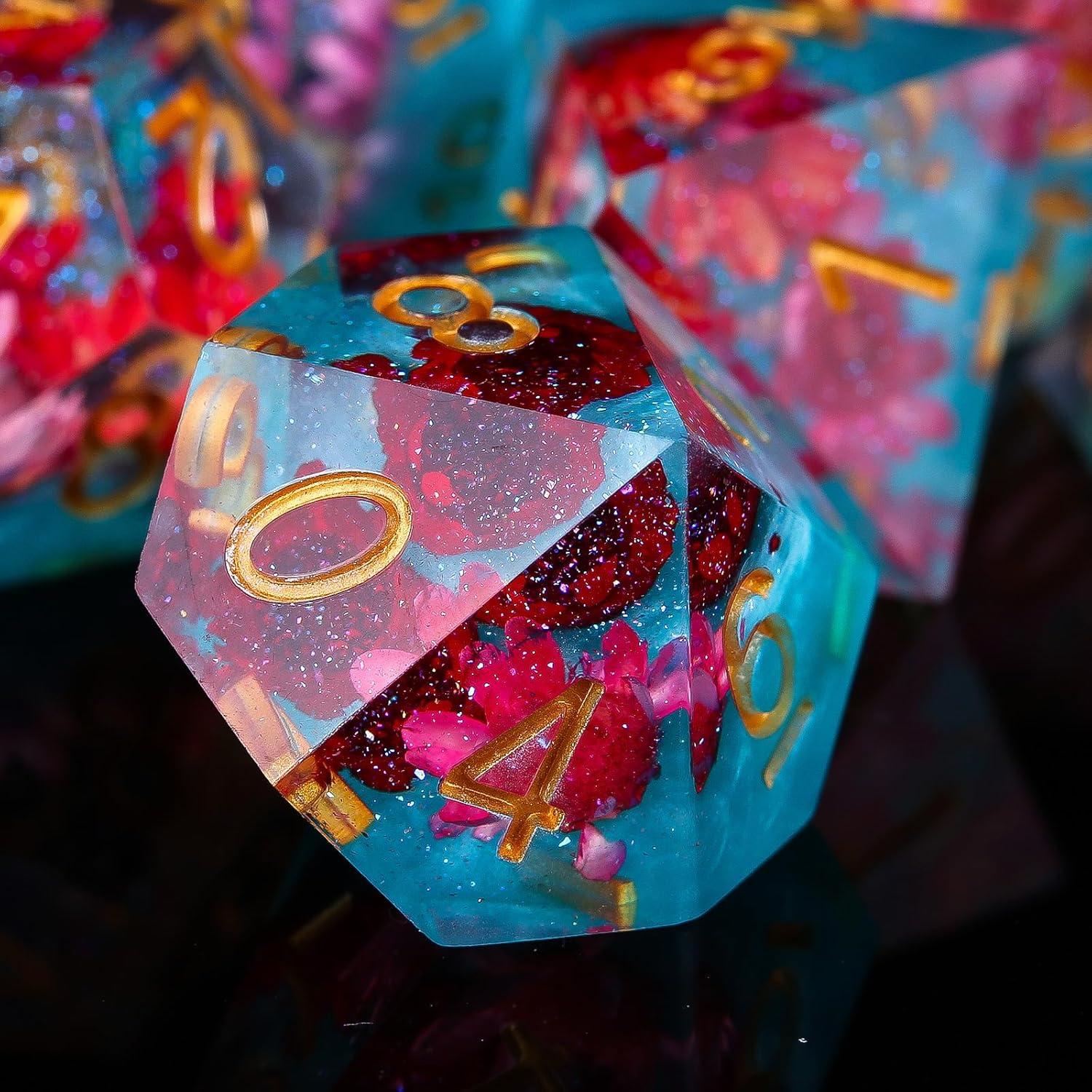 Juego de Dados Fugacity DND 7 Piezas Resina Flor Roja Azul