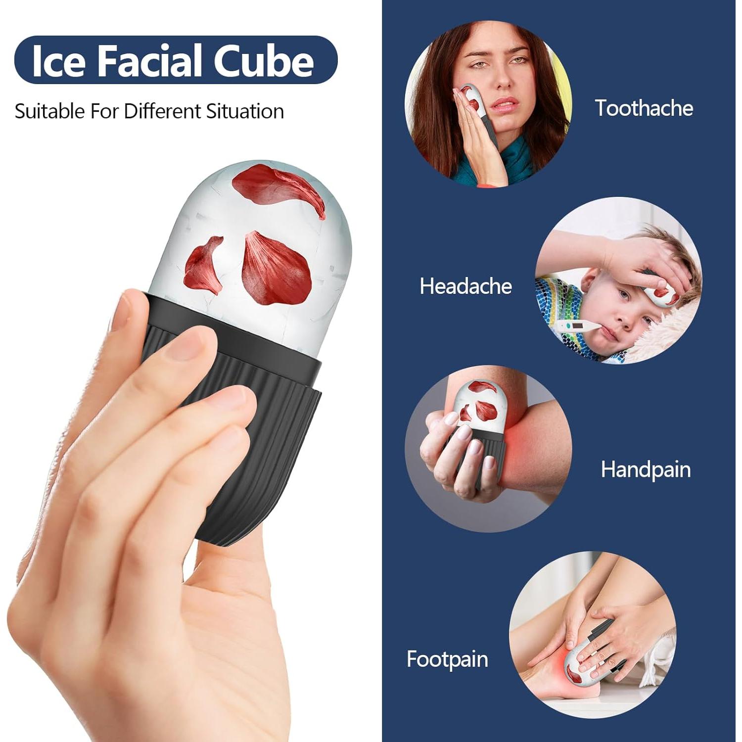 2pcs Ice Roller for Face and Eye, Silicone Ice Facial Roller Ice Holder, Face Ice Mold Skin Care, Face Icers Reusable Ice Cube Roller for Shrink Pores Anti Wrinkle Reduce Puffiness, Black Rose