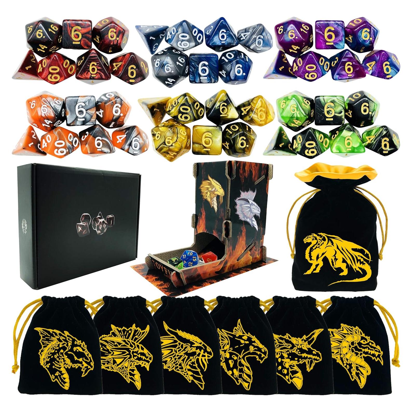 Set de Dados DND 6 Piezas Acrílico con Torre y Bolsas
