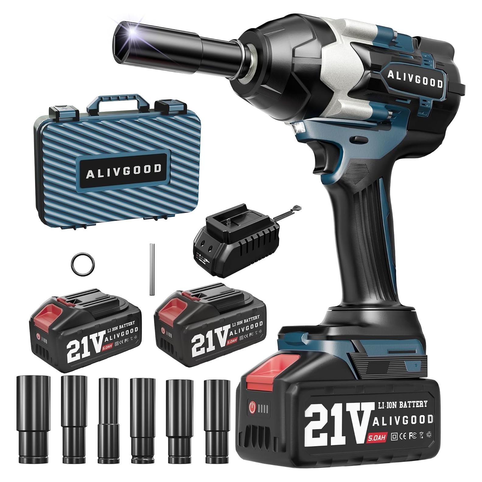 Upgrade 1000N.m (740ft-lbs) Cordless Impact Wrench, 2x 5.0AH Battery Impact Gun, 1/2 Inch Impact Wrench, Power Impact Wrenches for Duty Truck RV Mower 6 Sockets(14mm,17mm,18mm,19mm,21mm,22mm)
