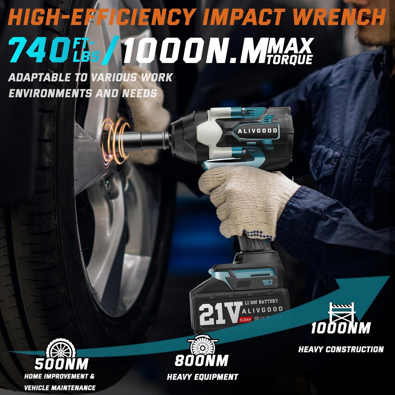 Upgrade 1000N.m (740ft-lbs) Cordless Impact Wrench, 2x 5.0AH Battery Impact Gun, 1/2 Inch Impact Wrench, Power Impact Wrenches for Duty Truck RV Mower 6 Sockets(14mm,17mm,18mm,19mm,21mm,22mm)