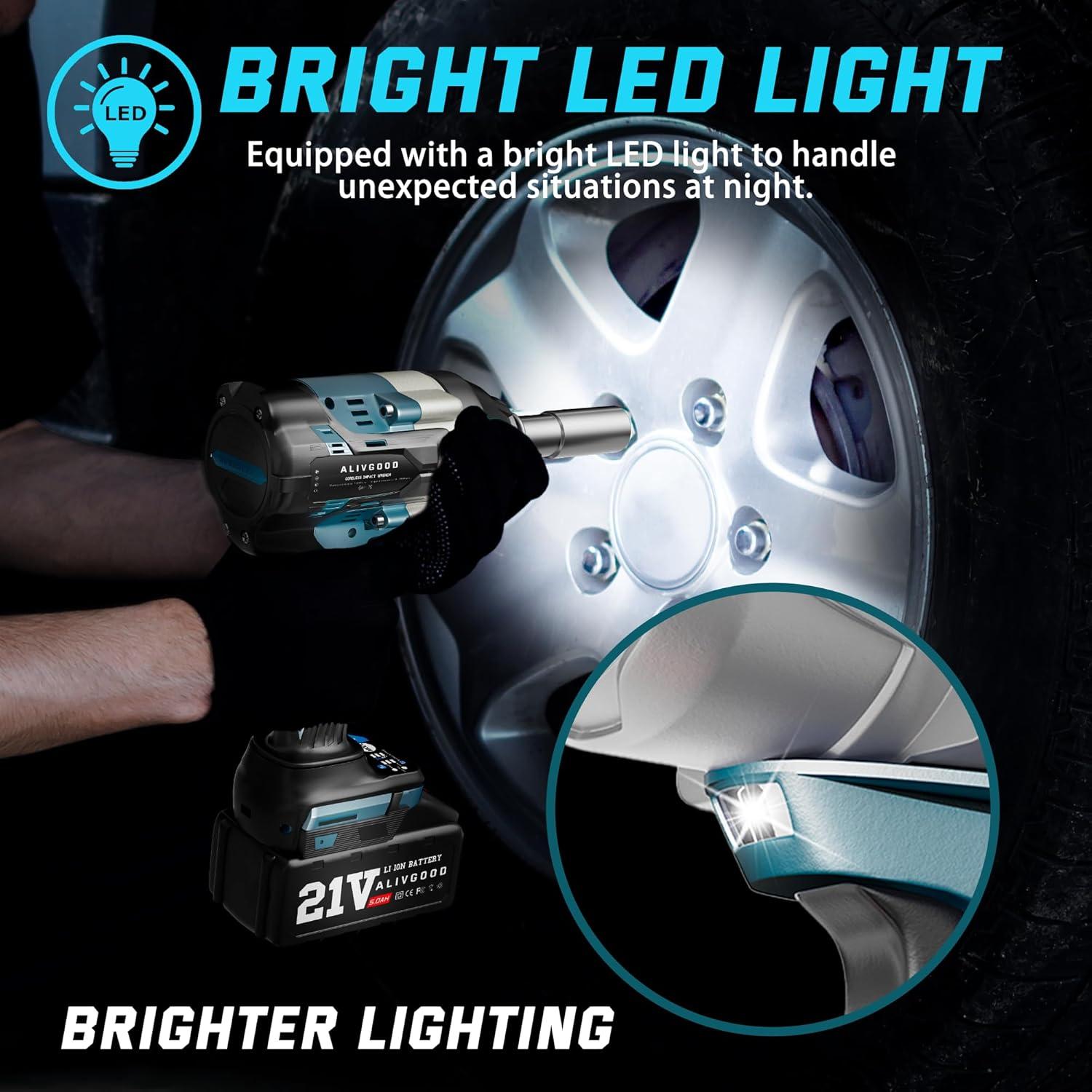 Upgrade 1000N.m (740ft-lbs) Cordless Impact Wrench, 2x 5.0AH Battery Impact Gun, 1/2 Inch Impact Wrench, Power Impact Wrenches for Duty Truck RV Mower 6 Sockets(14mm,17mm,18mm,19mm,21mm,22mm)