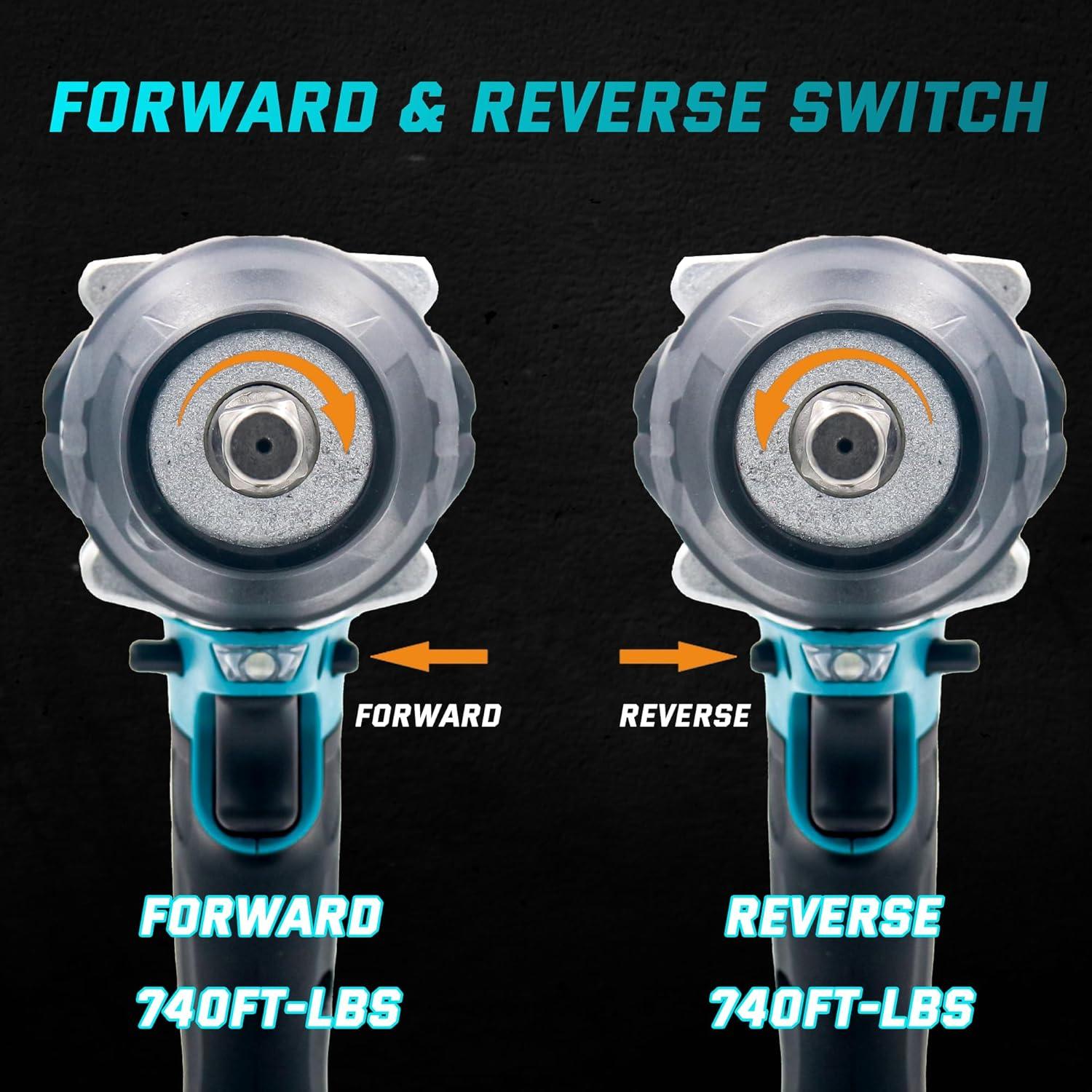Upgrade 1000N.m (740ft-lbs) Cordless Impact Wrench, 2x 5.0AH Battery Impact Gun, 1/2 Inch Impact Wrench, Power Impact Wrenches for Duty Truck RV Mower 6 Sockets(14mm,17mm,18mm,19mm,21mm,22mm)