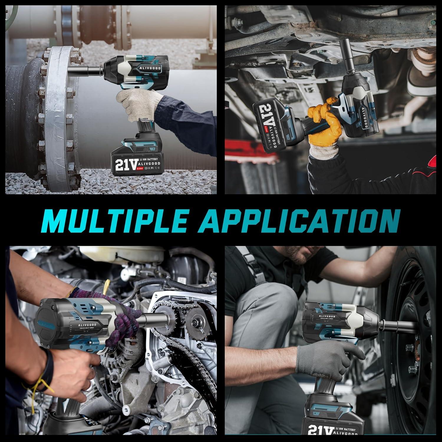 Upgrade 1000N.m (740ft-lbs) Cordless Impact Wrench, 2x 5.0AH Battery Impact Gun, 1/2 Inch Impact Wrench, Power Impact Wrenches for Duty Truck RV Mower 6 Sockets(14mm,17mm,18mm,19mm,21mm,22mm)