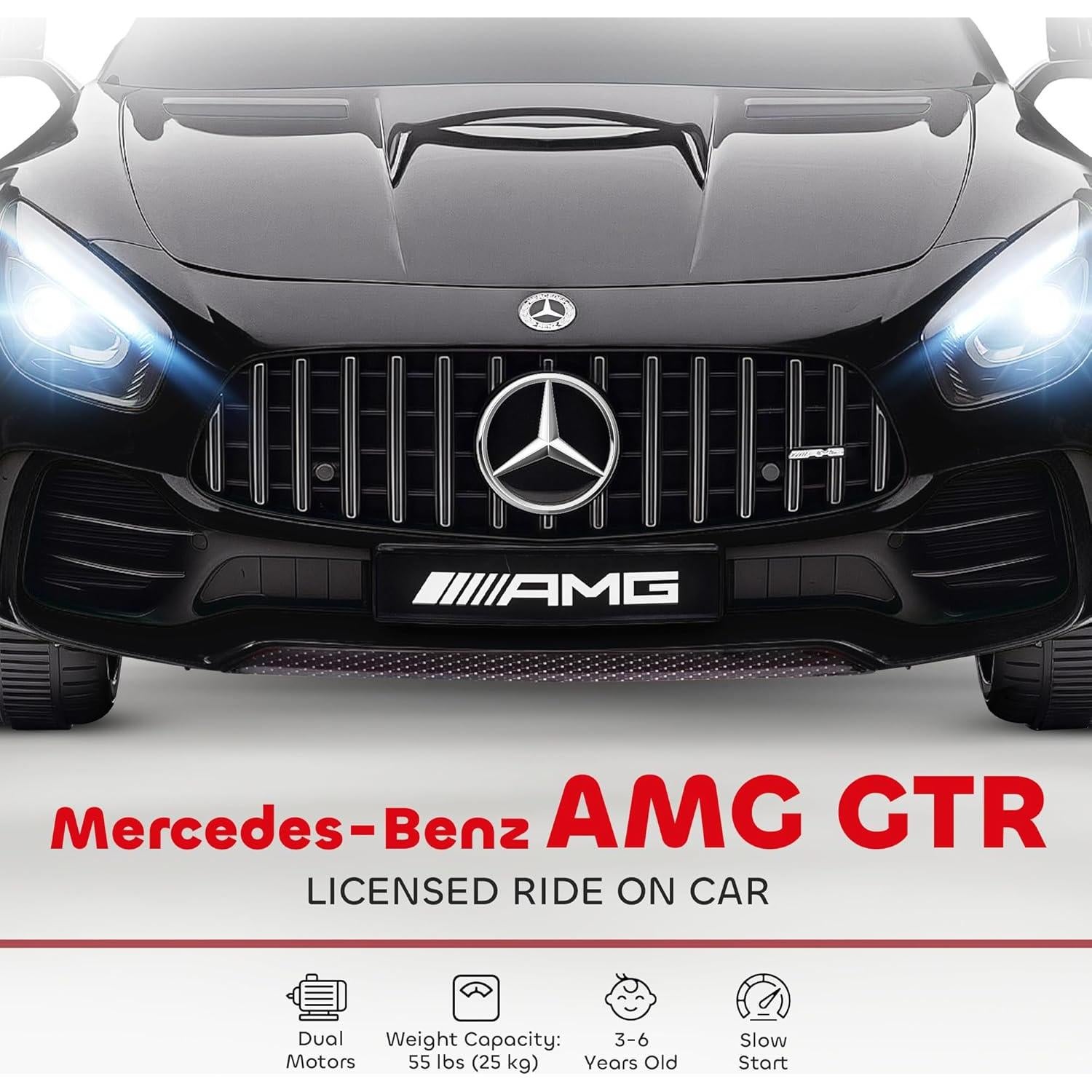 Qaba Mercedes-Benz AMG GTR Licensed 12V Kids Ride on Car, Battery Powered Electric Car for Toddlers with Remote Control, Transport Wheels, Soft Start, Lights, Music, Horn for 3-6 Years, Black