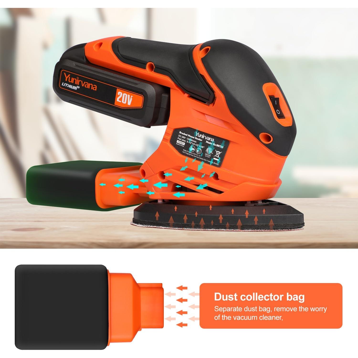 20V 1.3Ah Cordless Sander, Detail Sanders, 20Pcs Sandpapers,12000 RPM Sanders with Dust Collection System for Tight Spaces Sanding in Home Decoration, Battery and Charger Included