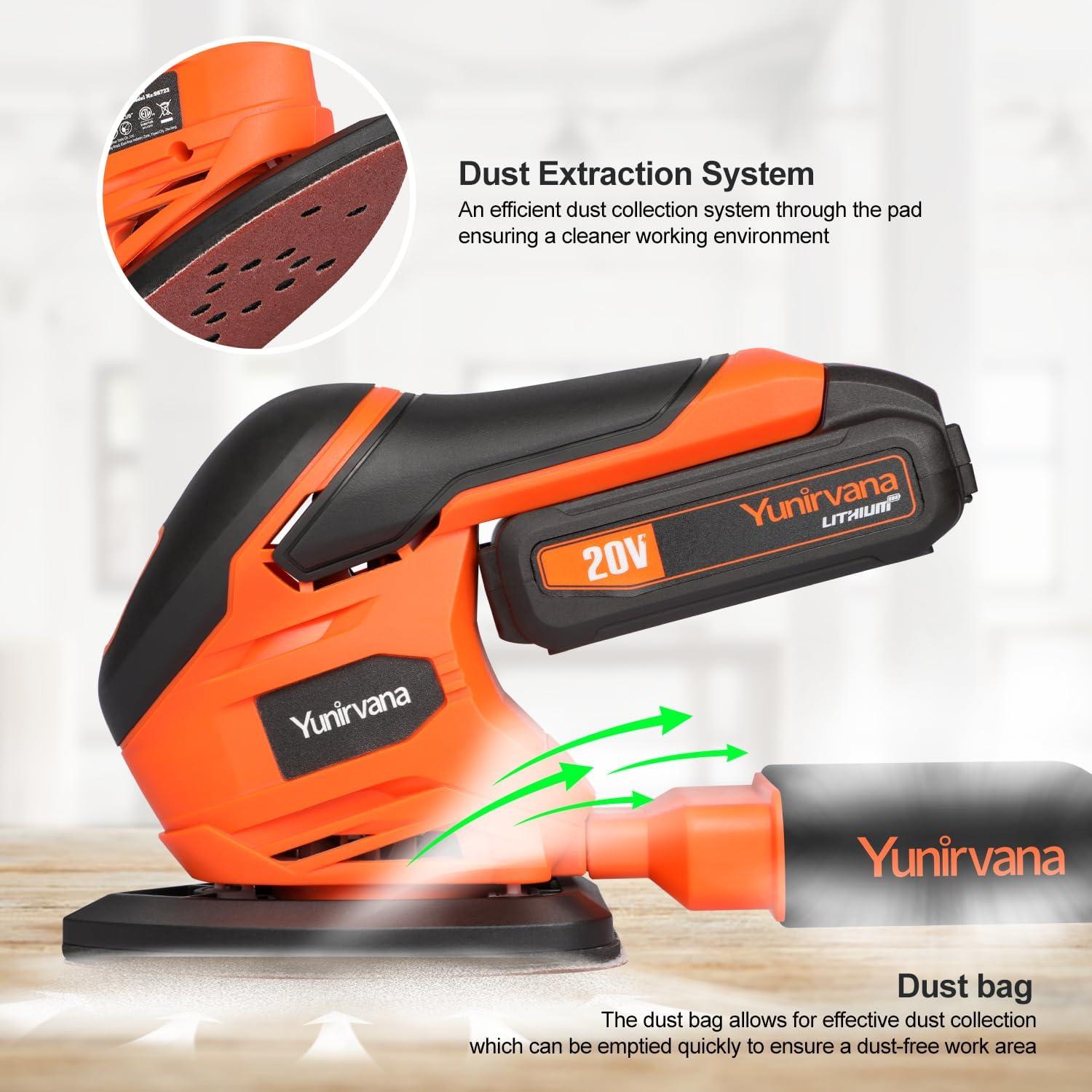 20V 1.3Ah Cordless Sander, Detail Sanders, 20Pcs Sandpapers,12000 RPM Sanders with Dust Collection System for Tight Spaces Sanding in Home Decoration, Battery and Charger Included