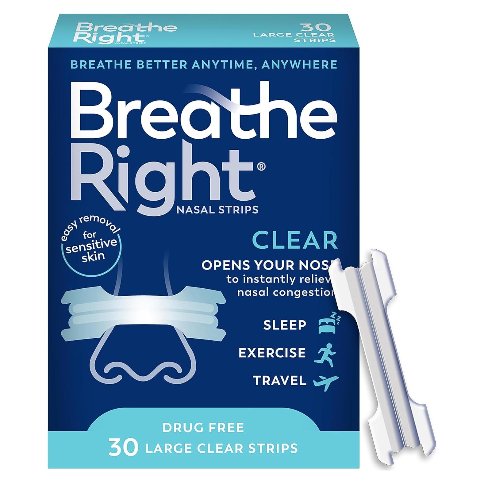 Tiras Nasales Breathe Right Transparentes Grande 30 Unidades