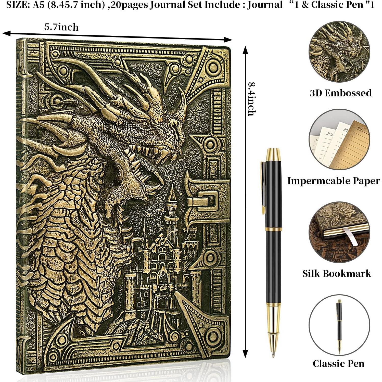 Cuaderno D&D Dragón de Cuero PU A5 con Bolígrafo Negro