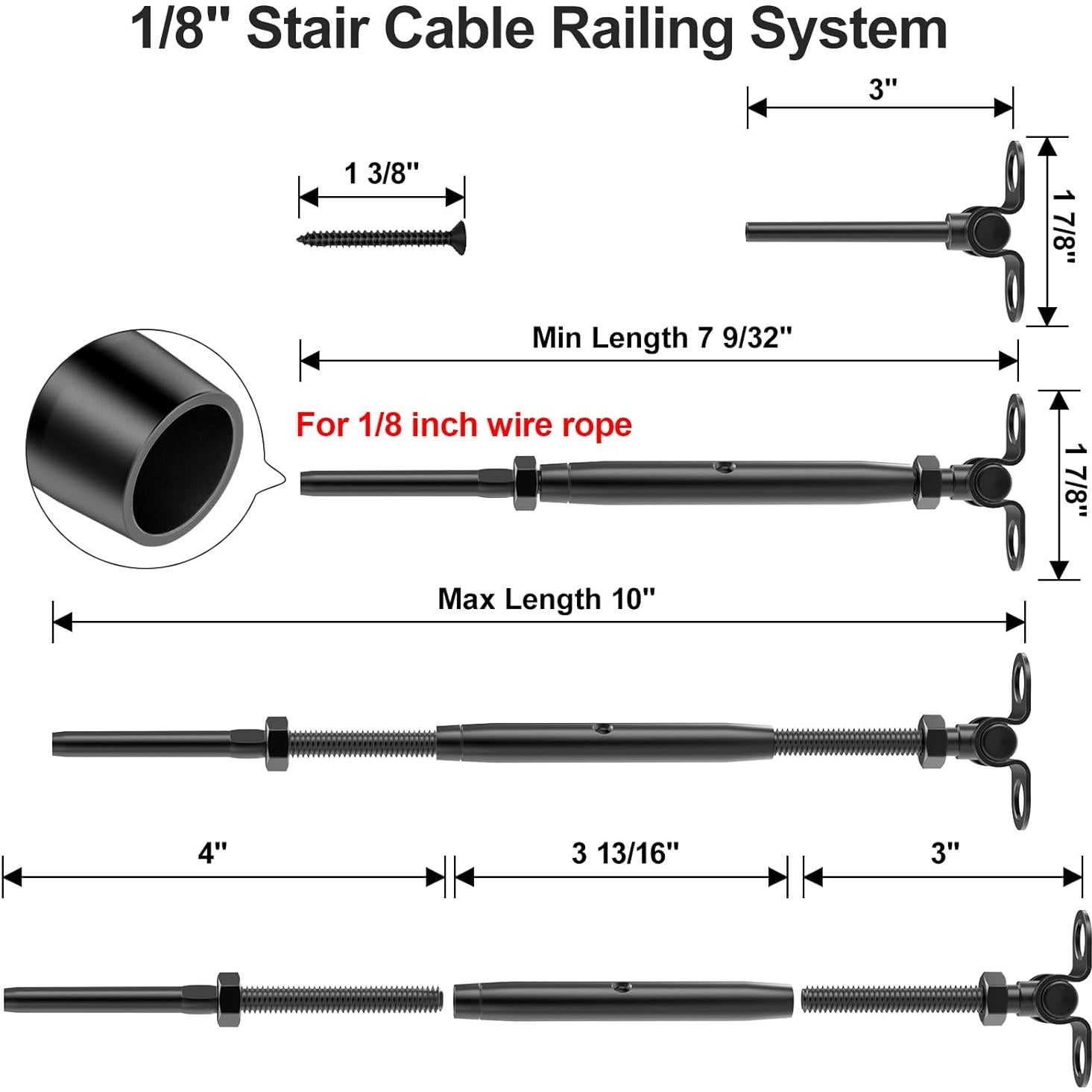 Kit de Barandilla de Cable BLIKA Negro 10 Pares 1/8" Acero Inoxidable