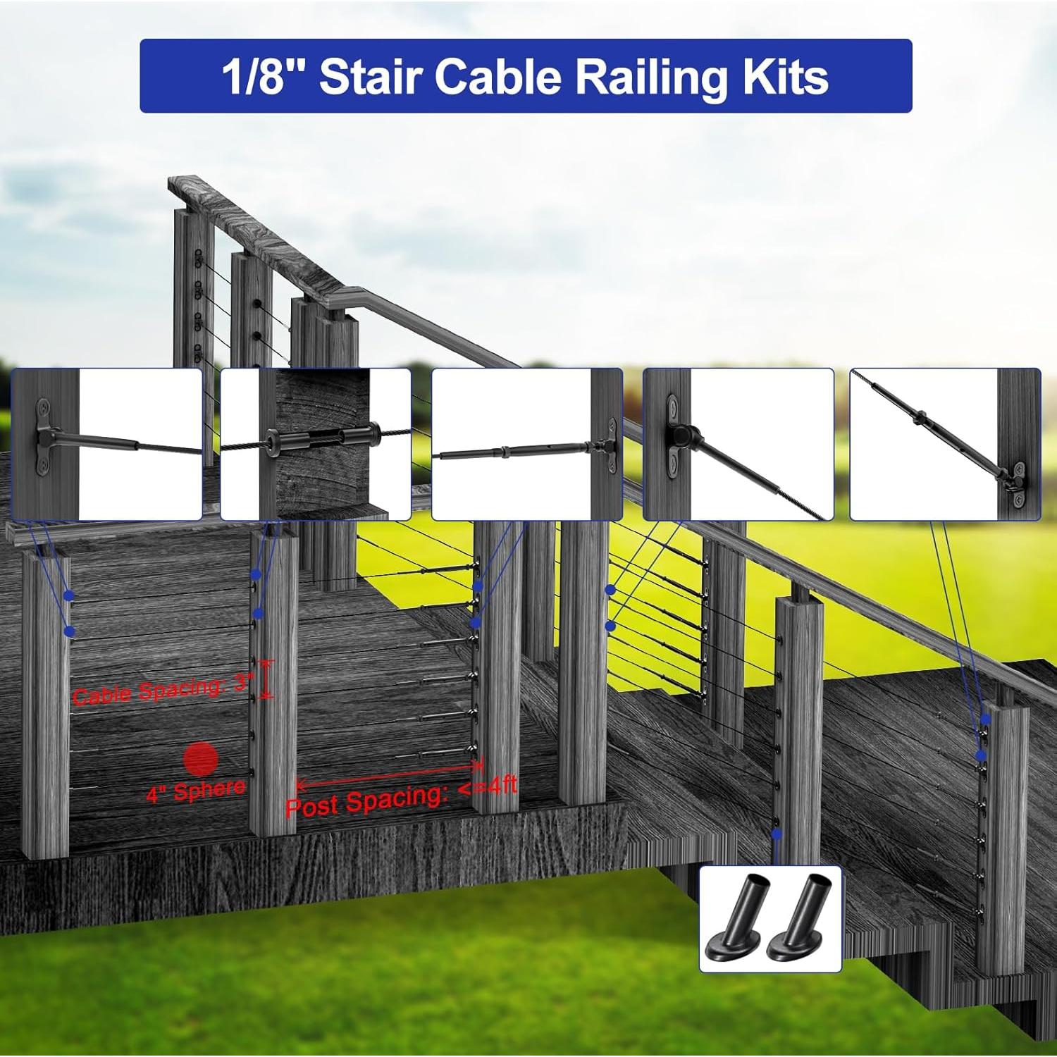 Kit de Barandilla de Cable BLIKA Negro 10 Pares 1/8" Acero Inoxidable