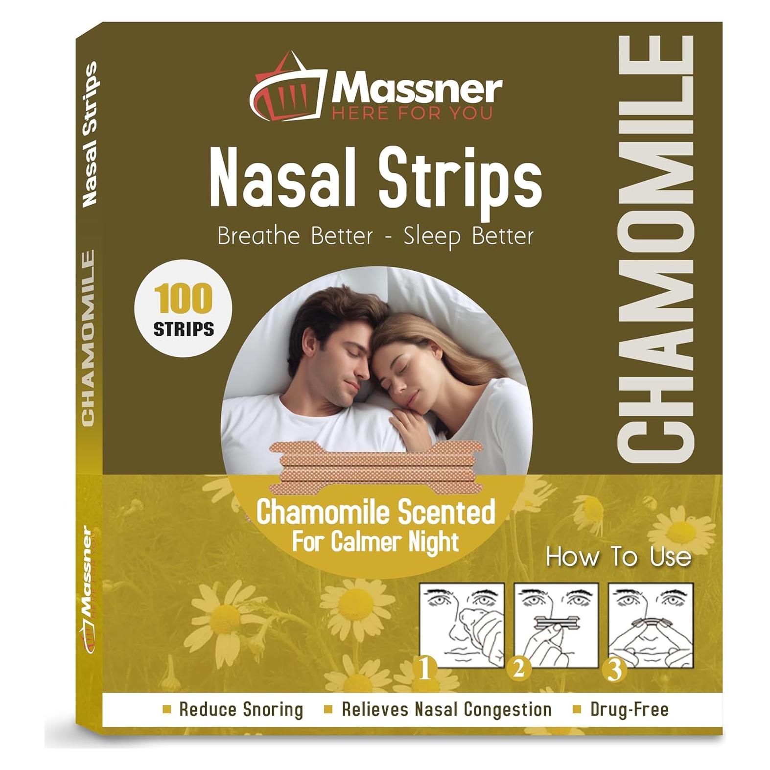 Chamomile Nasal Strips for Snoring - Pack of 100 Tan Nose Strips to Improve Snoring - Helpful to Improve Sleeping, Nasal Congestion Due to Cold and Allergies