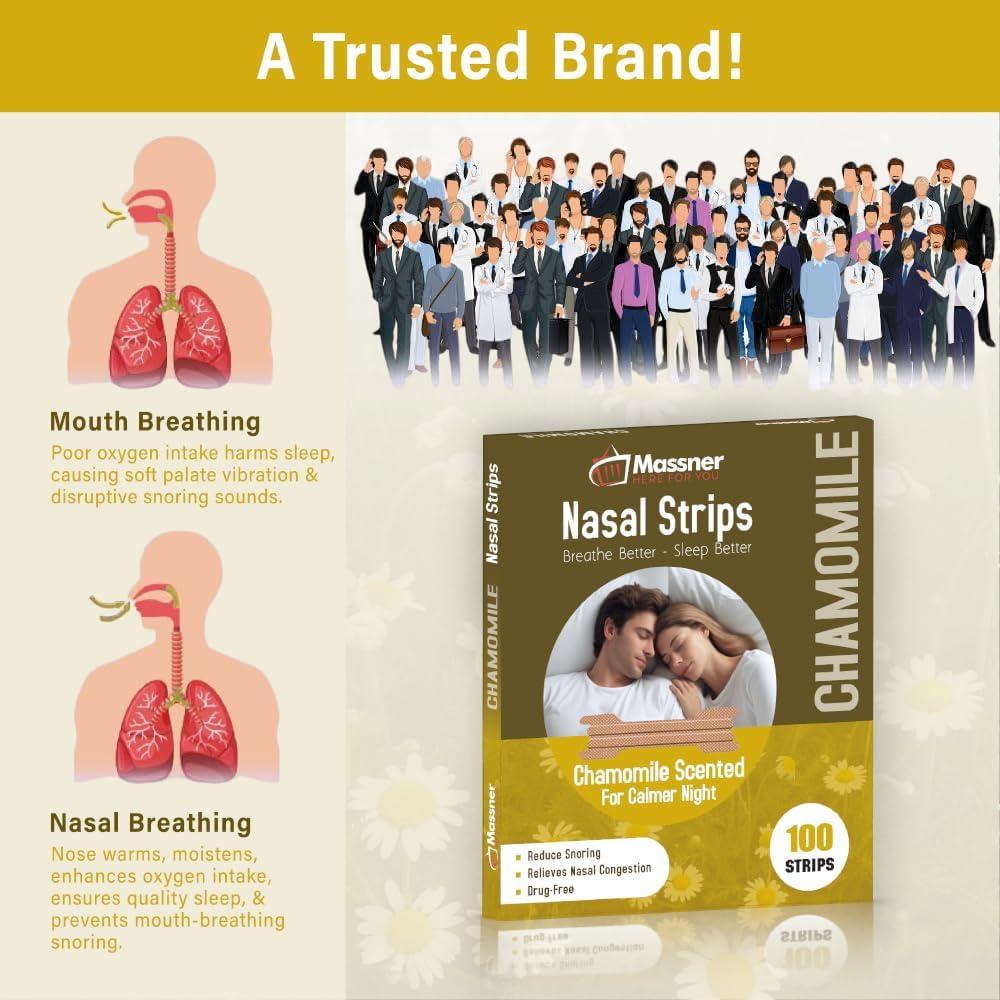 Chamomile Nasal Strips for Snoring - Pack of 100 Tan Nose Strips to Improve Snoring - Helpful to Improve Sleeping, Nasal Congestion Due to Cold and Allergies
