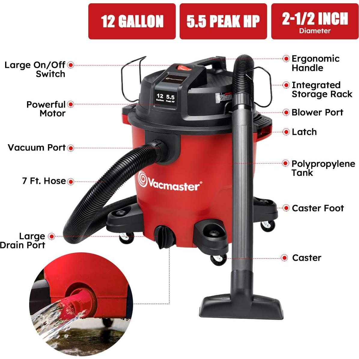 Vacmaster 12-Gallon 5.5 Peak HP Heavy-Duty Wet/Dry Vacuum - VJH1211PF 1101