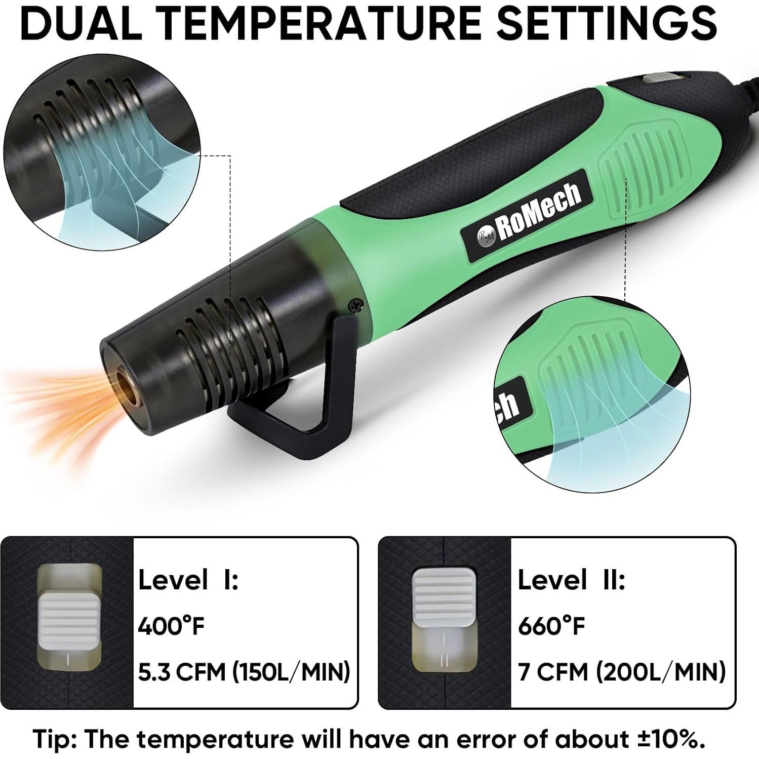 Pistola de Calor ROMECH 350W Doble Temperatura Verde