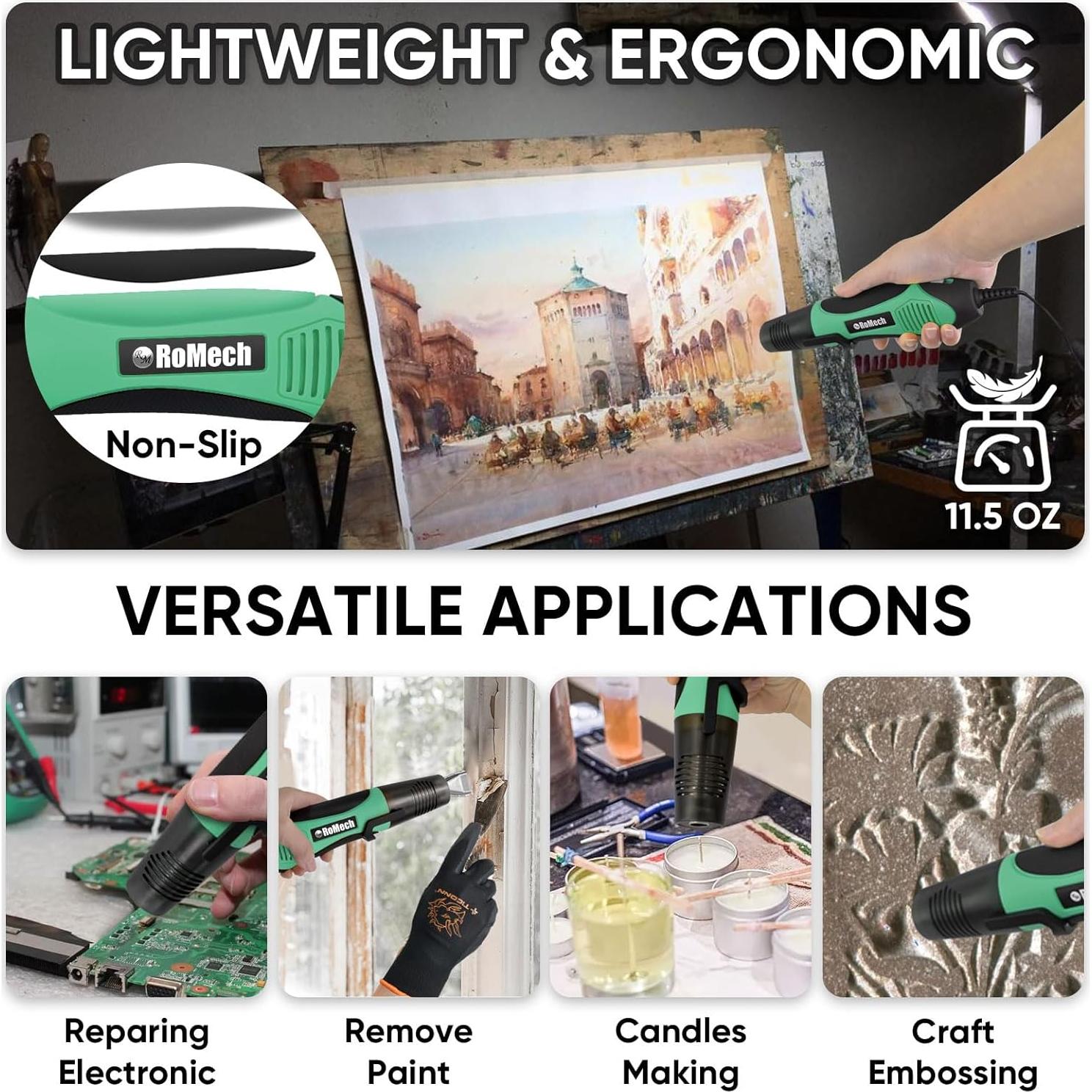 Pistola de Calor ROMECH 350W Doble Temperatura Verde