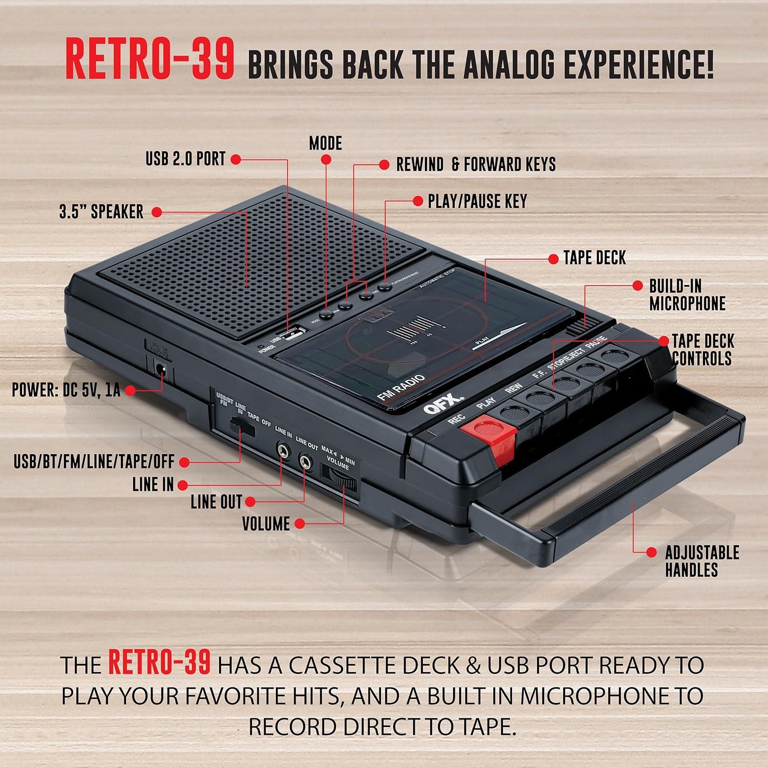 Grabadora de Cinta QFX RETRO-39 USB con Altavoz y Radio FM
