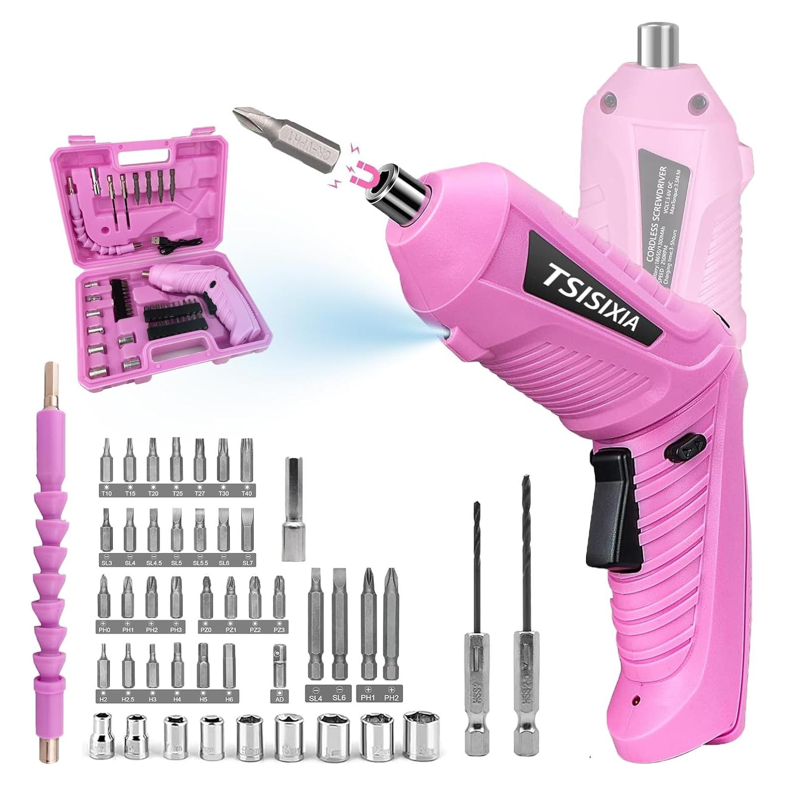 Destornillador Eléctrico Inalámbrico Tsisixia Rosa 3.6V 47 Piezas