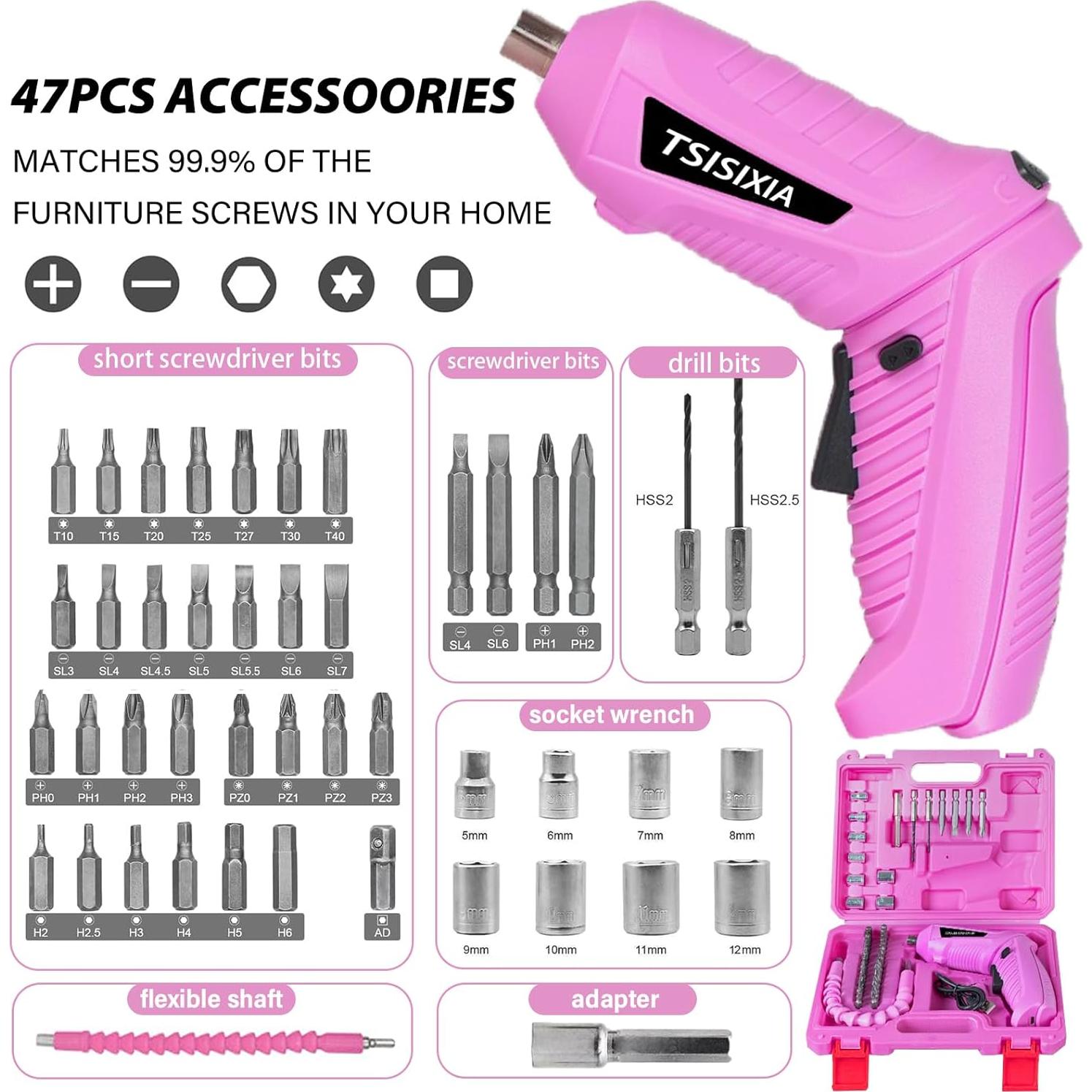 Destornillador Eléctrico Inalámbrico Tsisixia Rosa 3.6V 47 Piezas