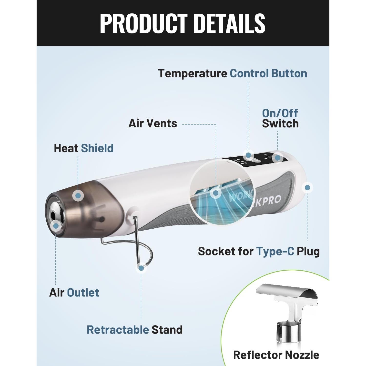 Pistola de Calor Mini Inalámbrica WORKPRO 7.2V 360°C